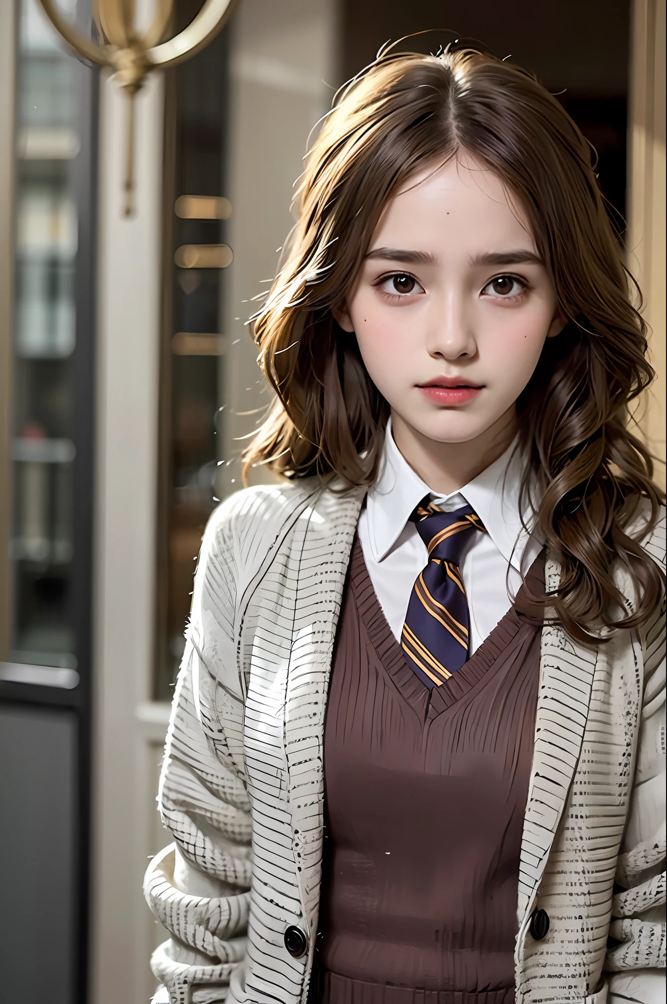 Long-haired woman wearing tie, sweater jacket and looking at camera, Hermione, Harry Potter