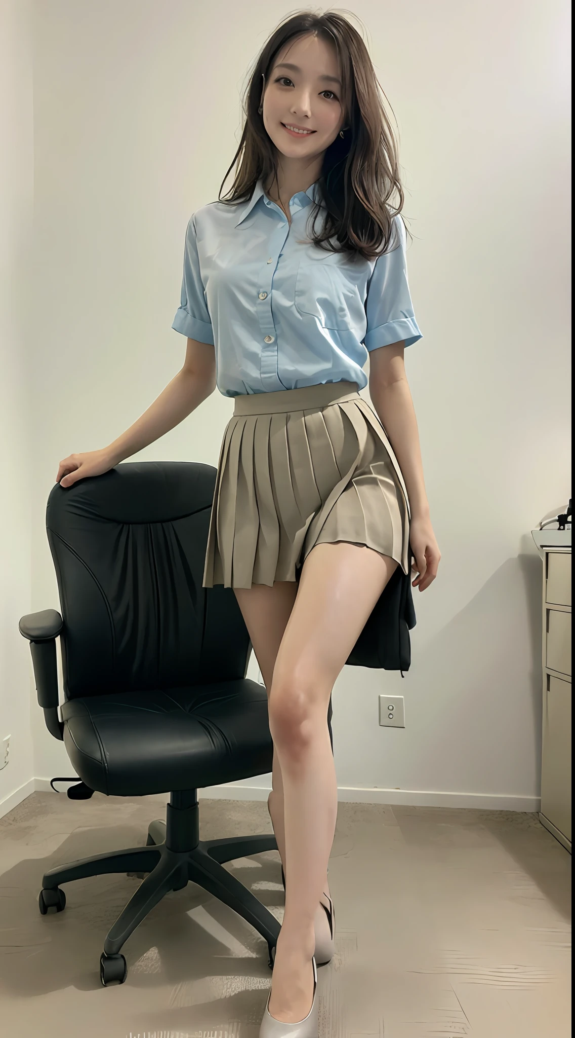 ((Best Quality, 8K, Masterpiece: 1.3)), 1 woman, Japan female, 45 years old, (((Ophthalmologist)), (Detailed eye exam room)), (((Under examination)), Model figure, Floating hair Novafrog style, (((Real and detailed skin feeling)), (Supremely Beautiful)), (Gentle smile)), (Sitting in an office chair)), (Legs crossed)), Looking Forward, (((Office clothes)), ( (pleated long skirt)), ((beautiful legs))