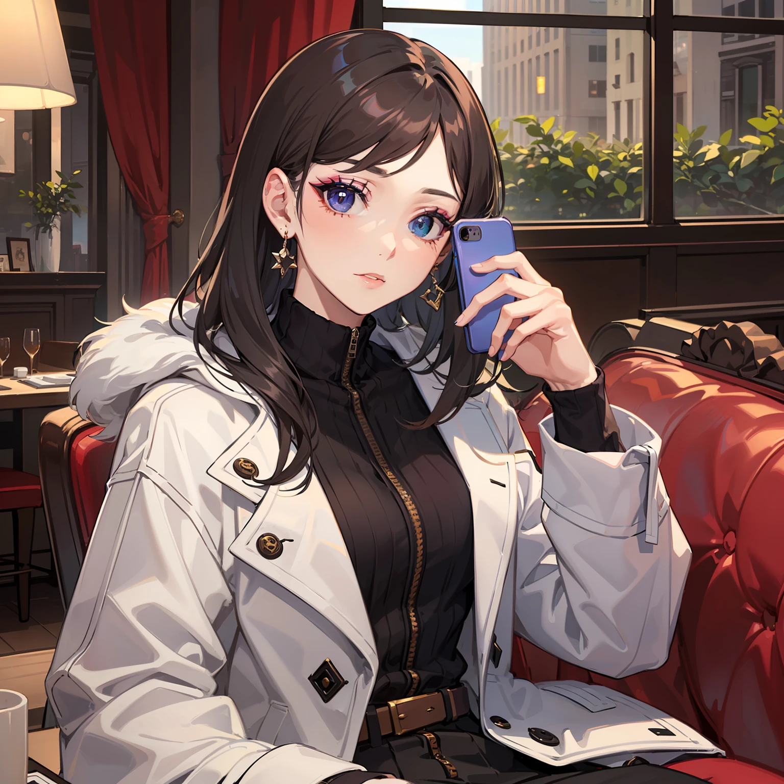 (A woman with exquisite makeup 1.4)
(Wearing a coat 1.4)
(Sitting in a fancy restaurant 1.3)
(shows upper body 1.3)
(Selfie 1.4 with phone in hand)