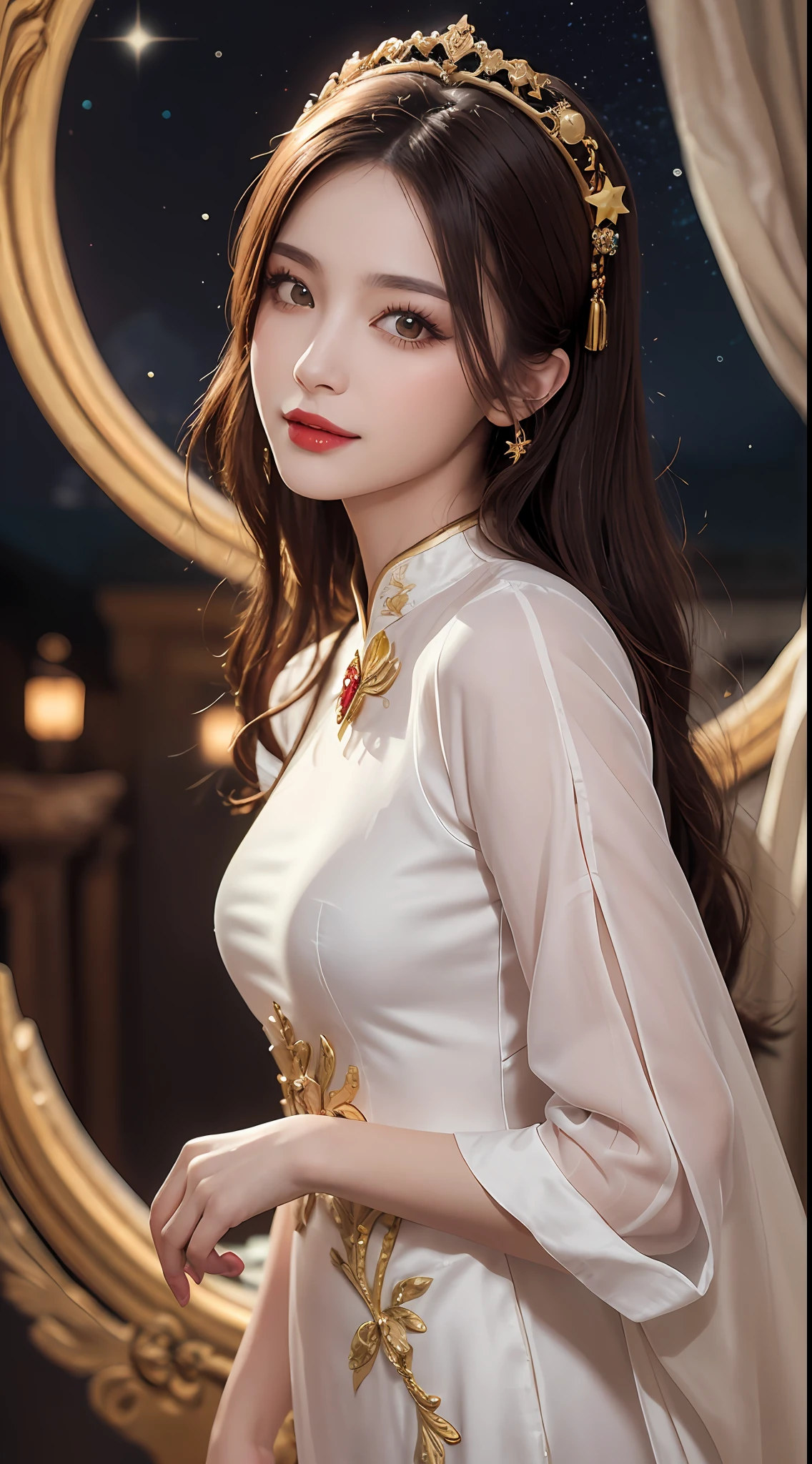 1 27-year-old girl, 1 zodiac goddess from the future, goddess of the pink and purple 12 zodiacs, the goddess of the zodiac in a yellow ao dai, a 12 zodiac ao dai with many black lace detail, mythology Goddess of the 12 zodiacs from the future, zodiac ♏, luxurious glittering zodiac style, dark and mysterious version, zodiac crown, lipstick lips red, thin and beautiful lips, Smile makes viewers fall in love, characters made by karol bak and pino daeni, intricate detail, detailed background, extremely detailed, light magic, a woman, clear face, look at the face of goddess zodialook at the zodiac goddess face, hair long with bangs, beautiful face in detail and well-proportioned eyes, (transparent yellow eyes: 1.8), big round eyes and very beautiful and detailed makeup, foresight, silk dress, mysterious makeup, double bangs and dyed light blonde, uper body, zodiac goddess uper body, arms hanging loosely, Realistic and vivid photo, (stars make up the zodiac: 1.7), (sky background zodiac and fictitious space and time portal: 1.8), fiction art, RAW photo, hanfu picture, best photo, best photo quality, 8k quality, 8k ultra, super realistic, real photo most economical, artistic portrait of goddess zodiac,