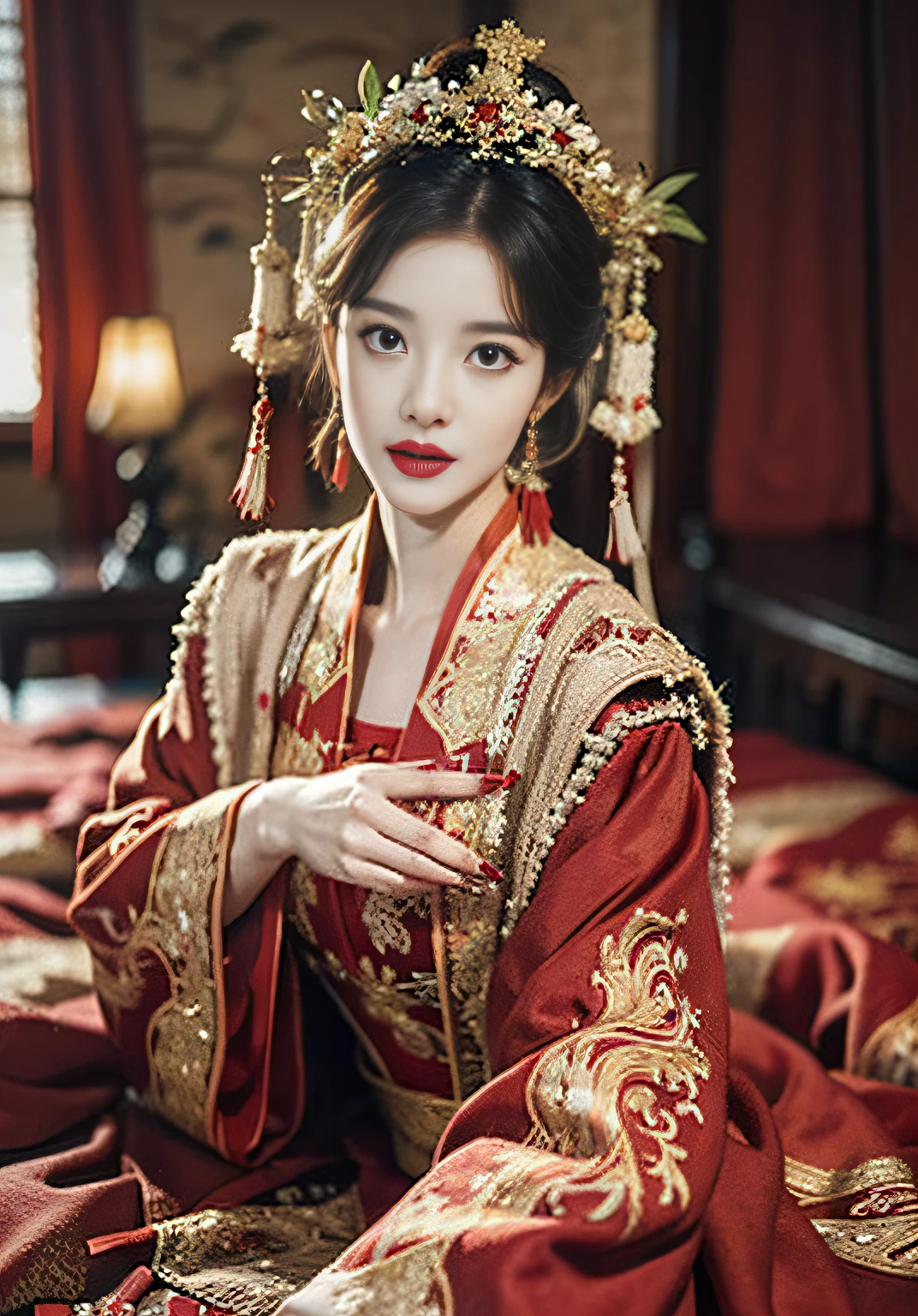 (Ultra-realistic 8k CG: 1.2), perfect artwork, delicate patterns, intricate details, (unparalleled masterpiece, best quality: 1.2), (extremely complex: 1.2), a woman in a red and gold dress, phoenix crown, hair stick, (sitting on a red bed), makeup, blush, shyness, black_hair, looking down, cosmetics, (forehead point), (2 red candles), Chinese_clothes, curtains, earrings, hair_ornament,hanfu, interior, jewelry, red nails, long_sleeves, red dress, red lips, tassels, (red quilt), (red palace: 1.2), (ancient Chinese architecture), (red: 1.8), night
