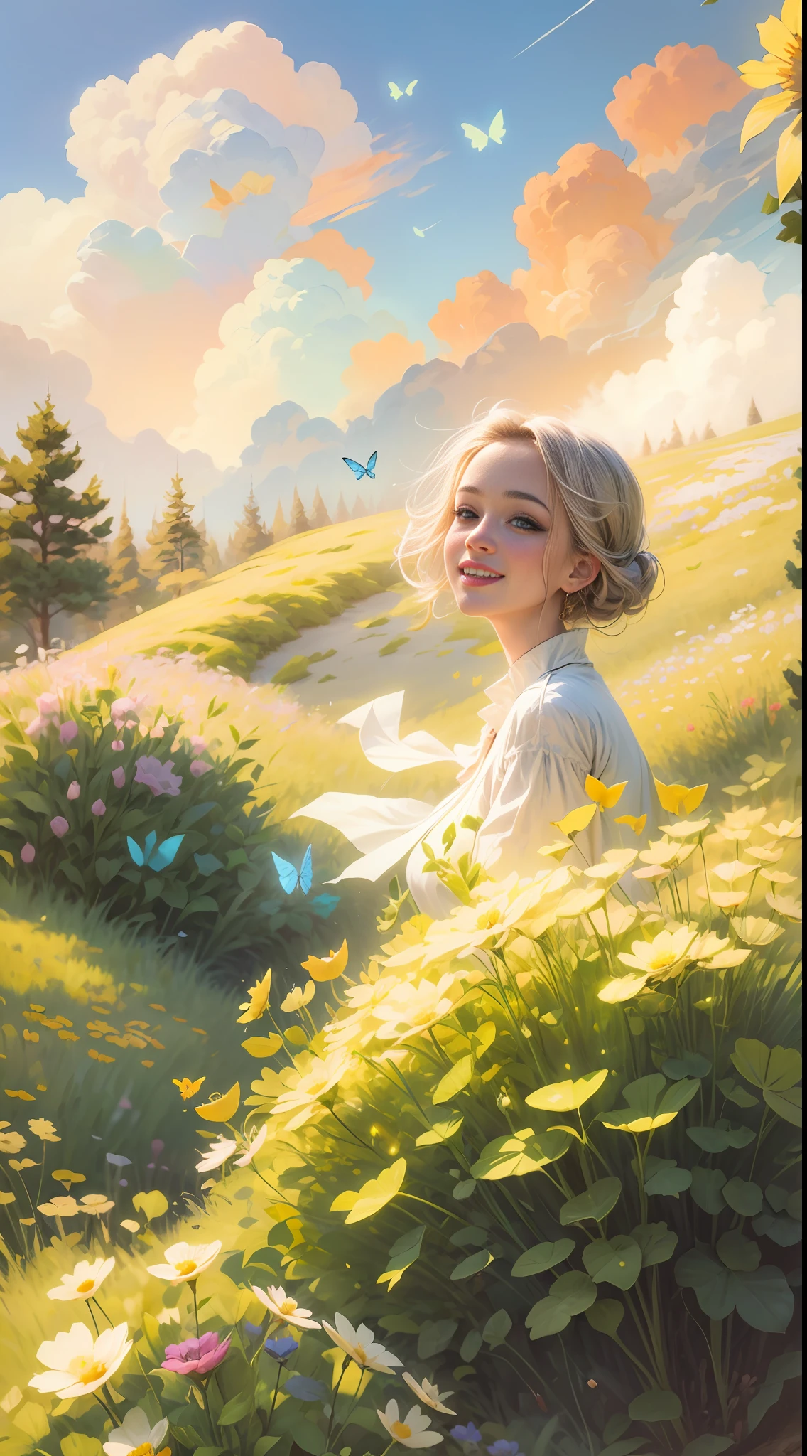 Illustration of a happy girl in a field of flowers a blue sky of clouds, beautiful illustration, beautiful painting, beautiful UHD 4k art, beautiful art, a beautiful art illustration, art in the style of guweiz, beautiful painting, atey ghailan 8k, artgerm and atey ghailan, happy girl in a field of flowers, (butterflies). (best quality, masterpiece), 1girl, pose, particle, wind, flower, upper body, sky background, looking at the viewer. --auto