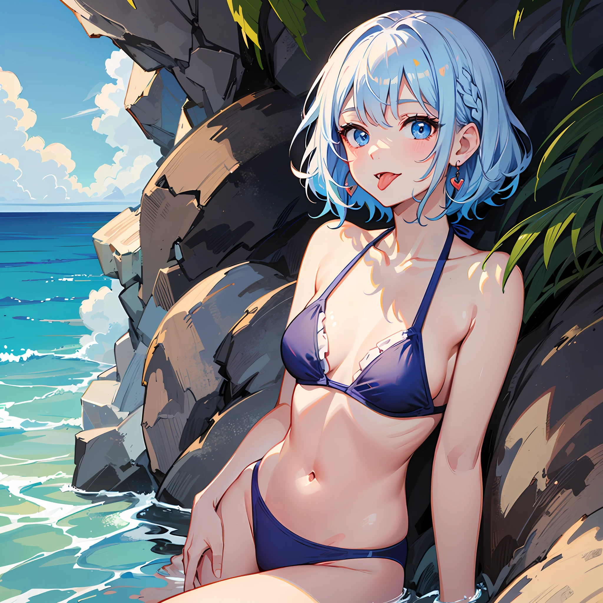 (((Masterpiece)))), ((Best Quality))), Hi-Res, On Thighs, Standing, Sitting, (Cute One Girl))), Solo, White Skin, Small, Eight-headed, (Light Blue Hair), ((Short Hair)), (Straight Bangs)), Beautiful Hair, Blue Eyes, Beautiful Eyes in Detail, (((Tongue)), Red Face, Smile, Heart, Bikini, Pink Swimsuit, ruffles, Earrings, Outdoor, Sea, shadow lighting,