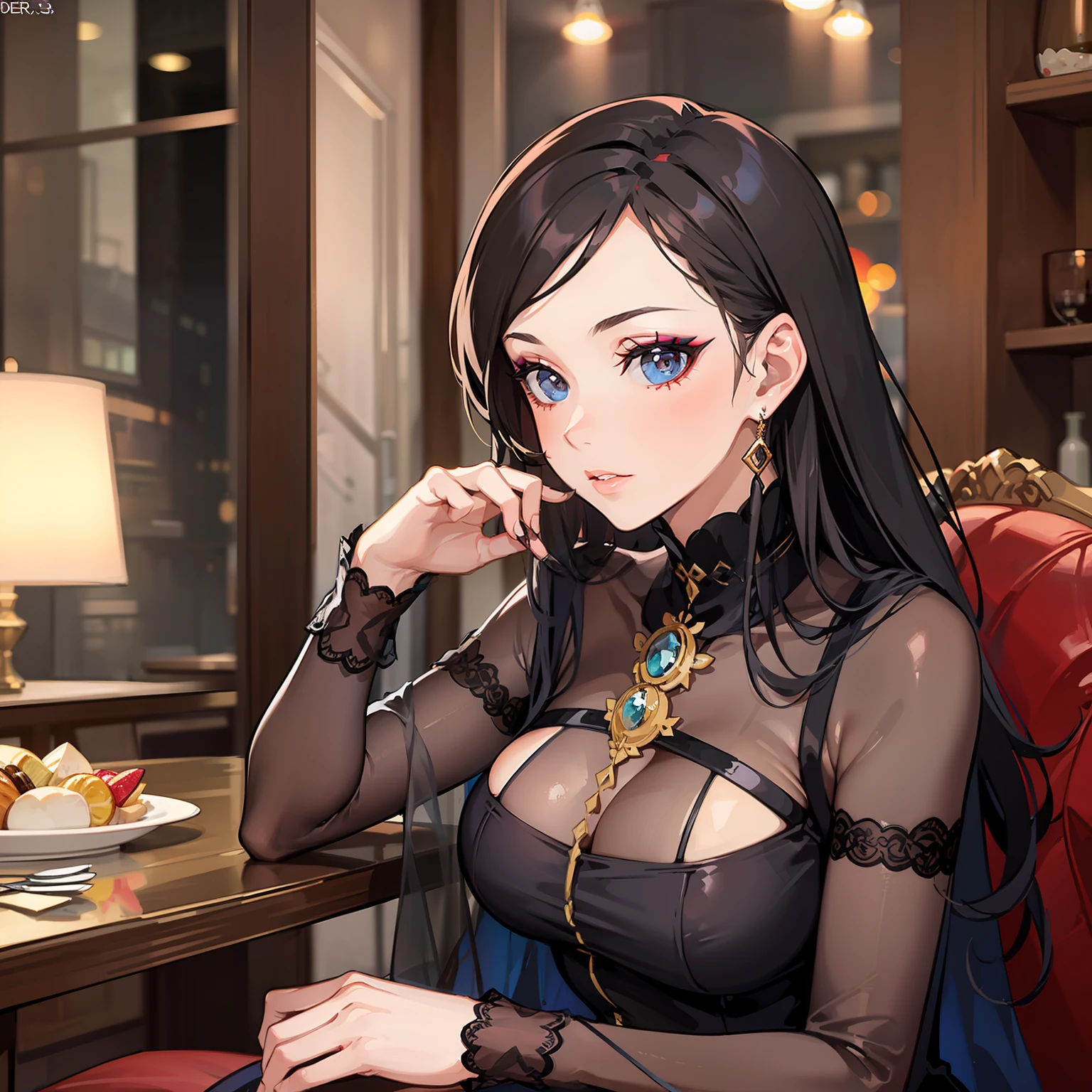 (A woman with exquisite makeup 1.4)
(Sitting in a fancy restaurant 1.3)
(shows upper body 1.3)