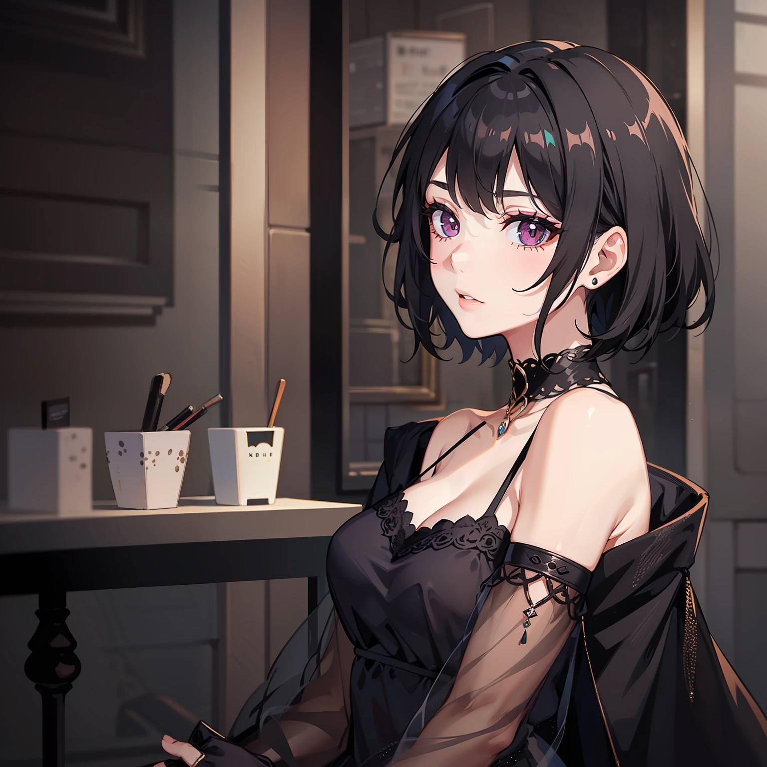(A woman with exquisite makeup 1.4)
(Sitting in a fancy restaurant 1.3)
(shows upper body 1.3)