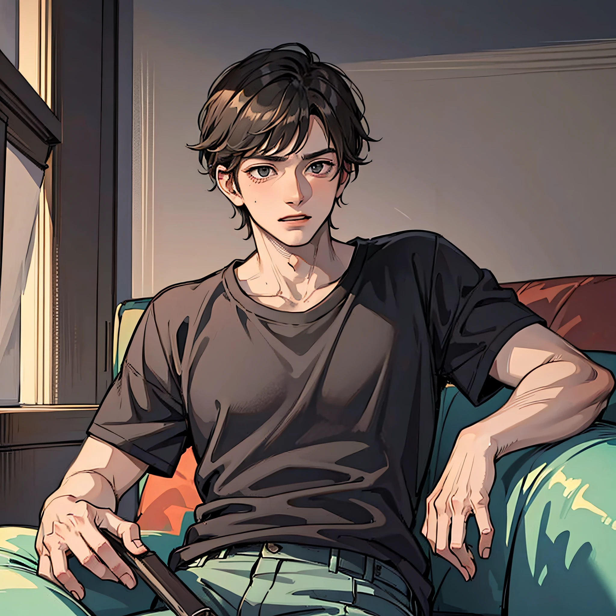 A young man in black short sleeves, with an embarrassed expression, in the room, next to the sofa