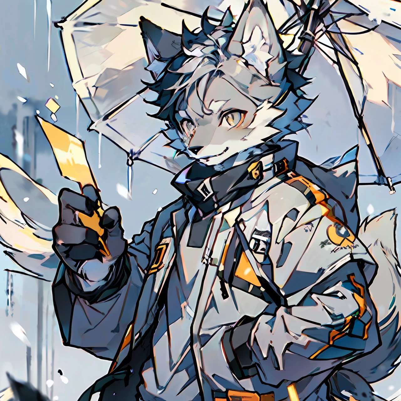 Best Quality), (Masterpiece), ((Solo Person), (Ultra Detailed), (Furry), Furry, (Male Snow Wolf: 1.5), (Light Gray Skin: 1.1), (Fluffy Tail: 1.3), (Golden Gray Eyes), (Wolf's Paws), (Light Gray Ears), Sharp Focus, (Furry Feeling of Animal Ears), Late Night, Researcher Clothes, Researcher Costume, Standing in the Rain, Detailed Background