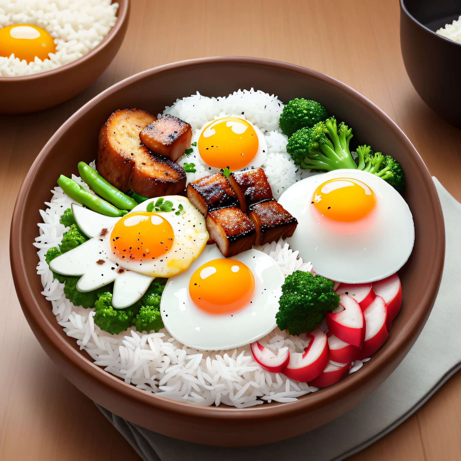 Dog eating, animation, high quality, high resolution, rice bowl, fried egg, braised pork, diced radish, beans, rice, broccoli