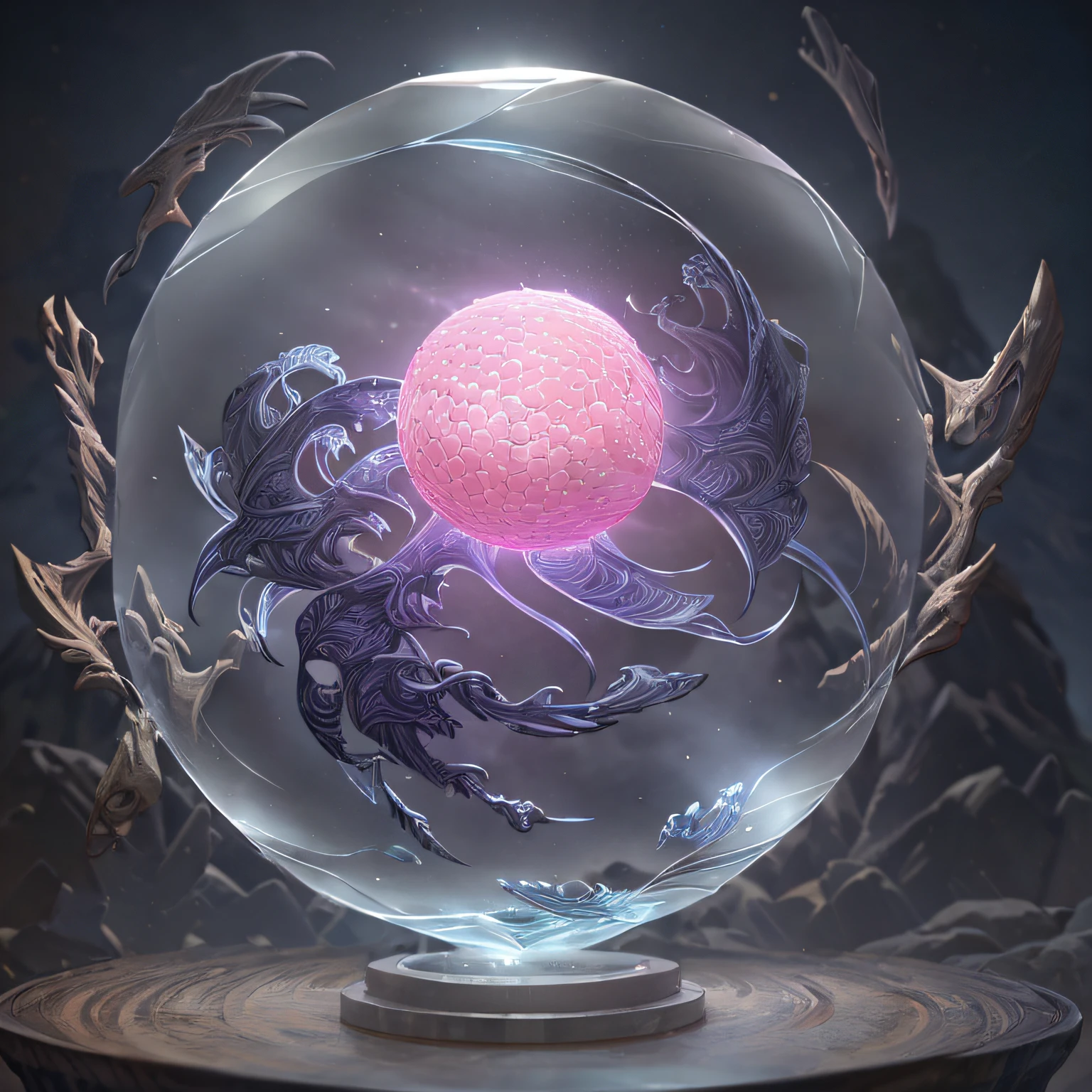 (beautiful sphere with high transparency), beautiful, round crystal, ultra detail, amazing lighting, hyper detail, 8K, Unreal Engine 5, 3D rendering, fortune telling, shining transparent inside the sphere, beautiful sphere high transparency crystal, pink
