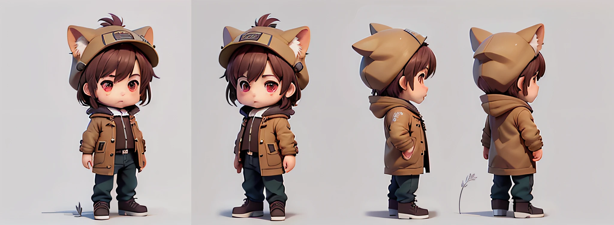Masterpiece, best quality, simple background, (white background: 1.5), three views, one boy, chibi, Q version boy, cute, handsome, dark brown hair, purple eyes, short hair, heart pattern on clothes, trench coat, hood, hat with fox ears