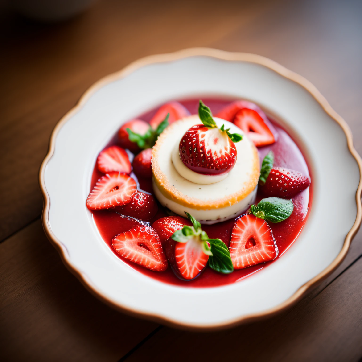 RAW photo, Pannacotta strawberry, foodphoto, dslr, soft lighting, high quality, grain film, Fujifilm XT