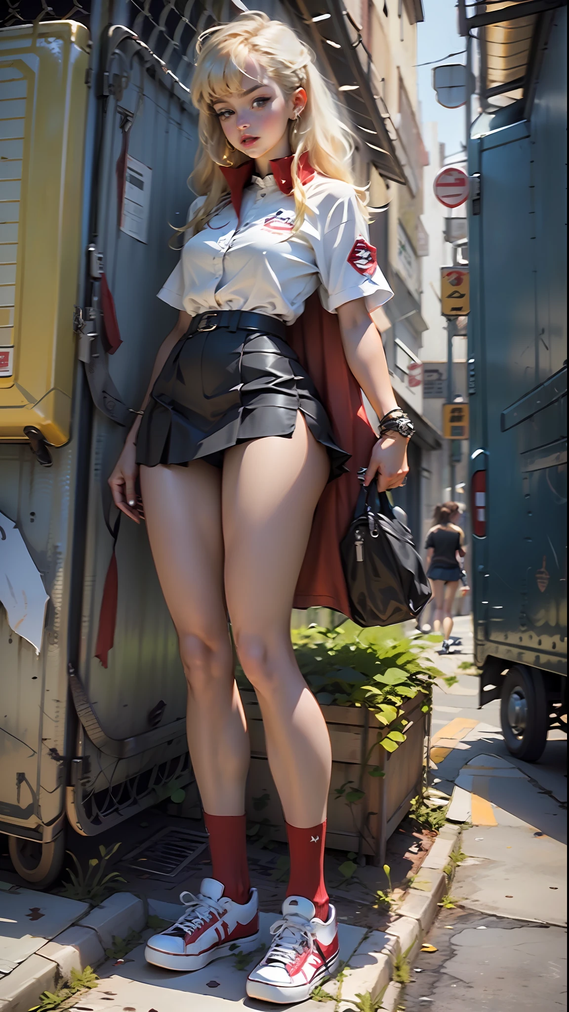 Woman body set thick thighs, supergirl uniform, blue short skirt, red all star sneakers white blouse, blonde hair, bangs