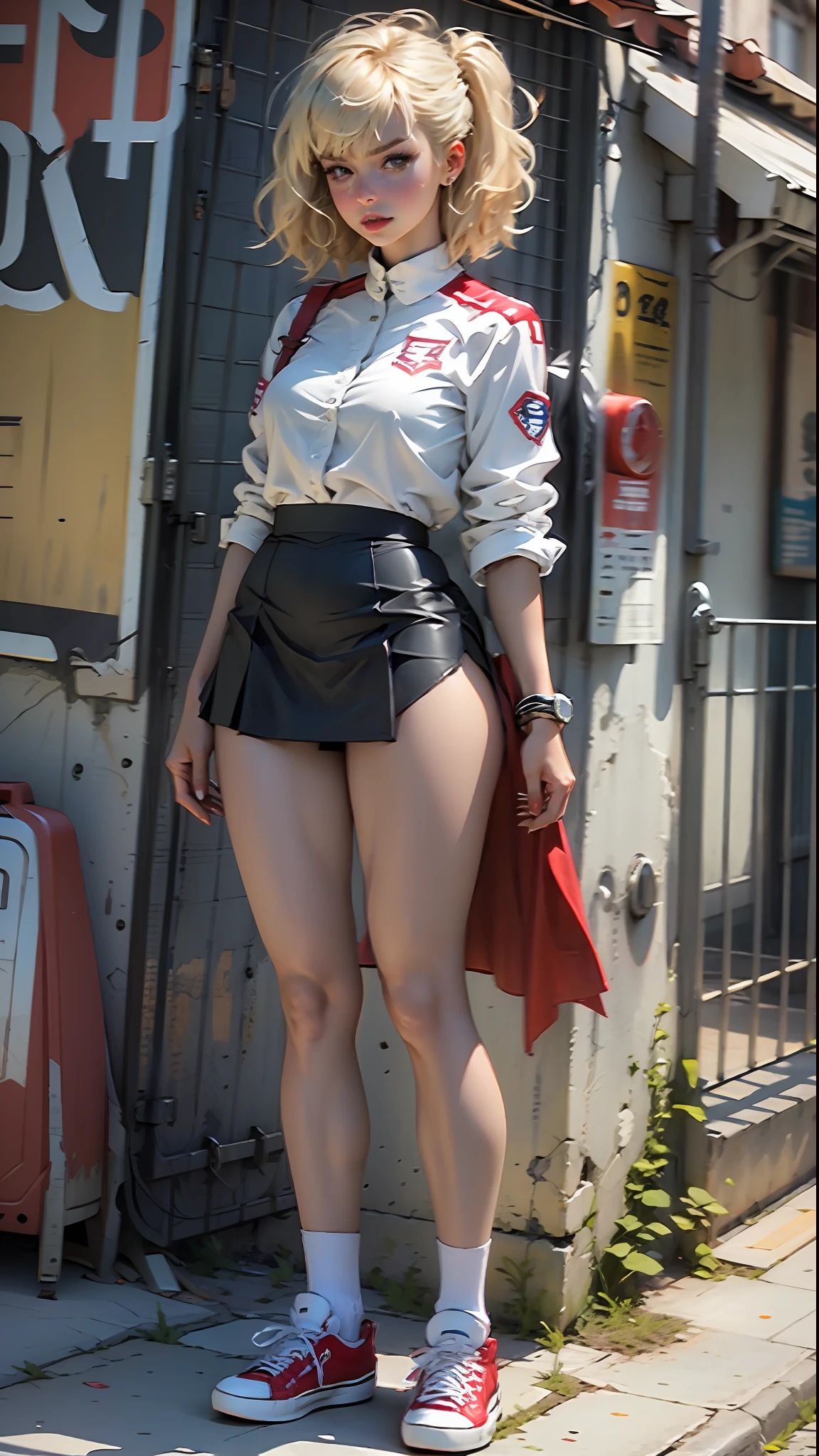 Woman body set thick thighs, supergirl uniform, blue short skirt, red all star sneakers white blouse, blonde hair, bangs