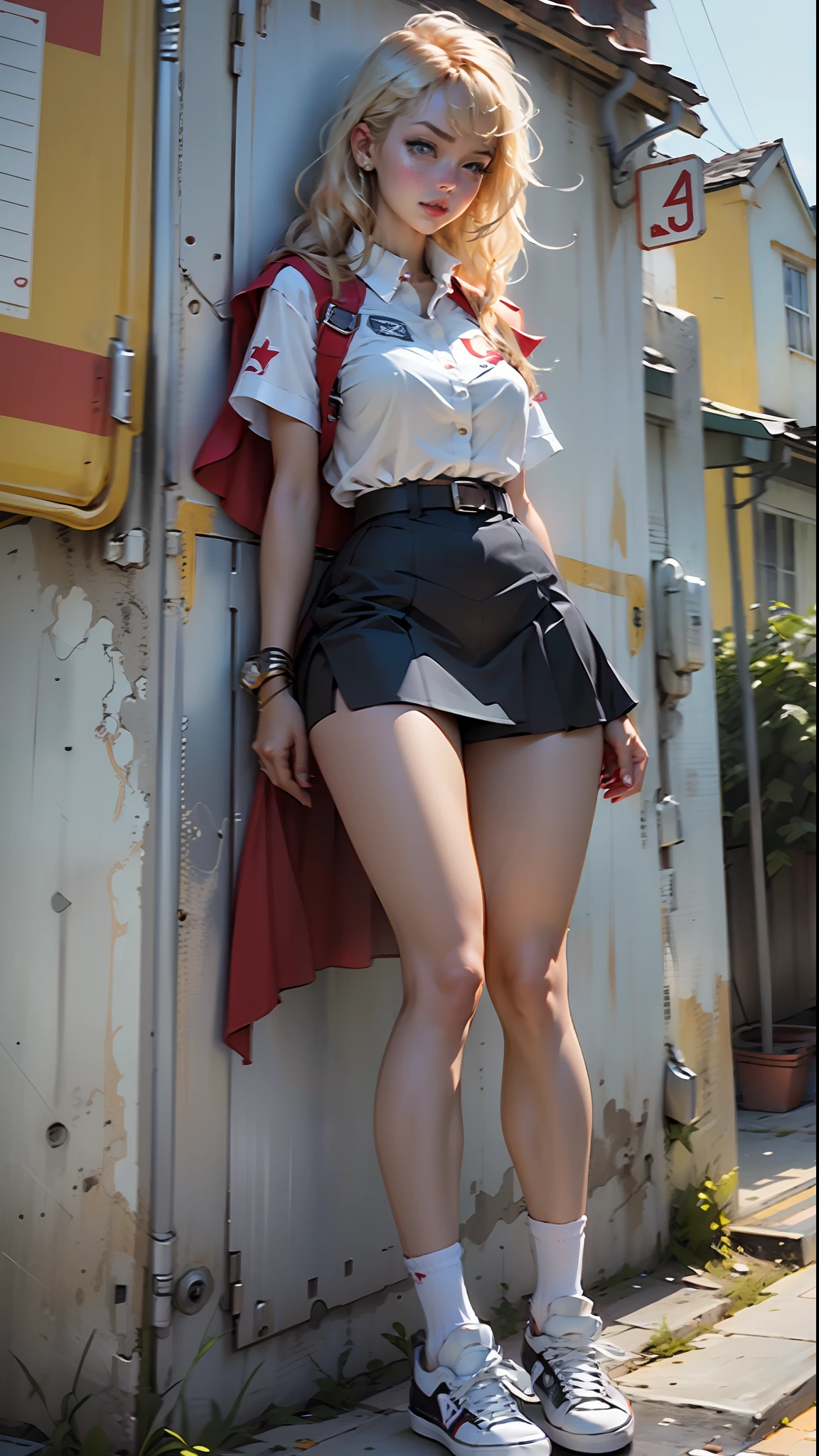 Woman body set thick thighs, supergirl uniform, blue short skirt, red all star sneakers white blouse, blonde hair, bangs