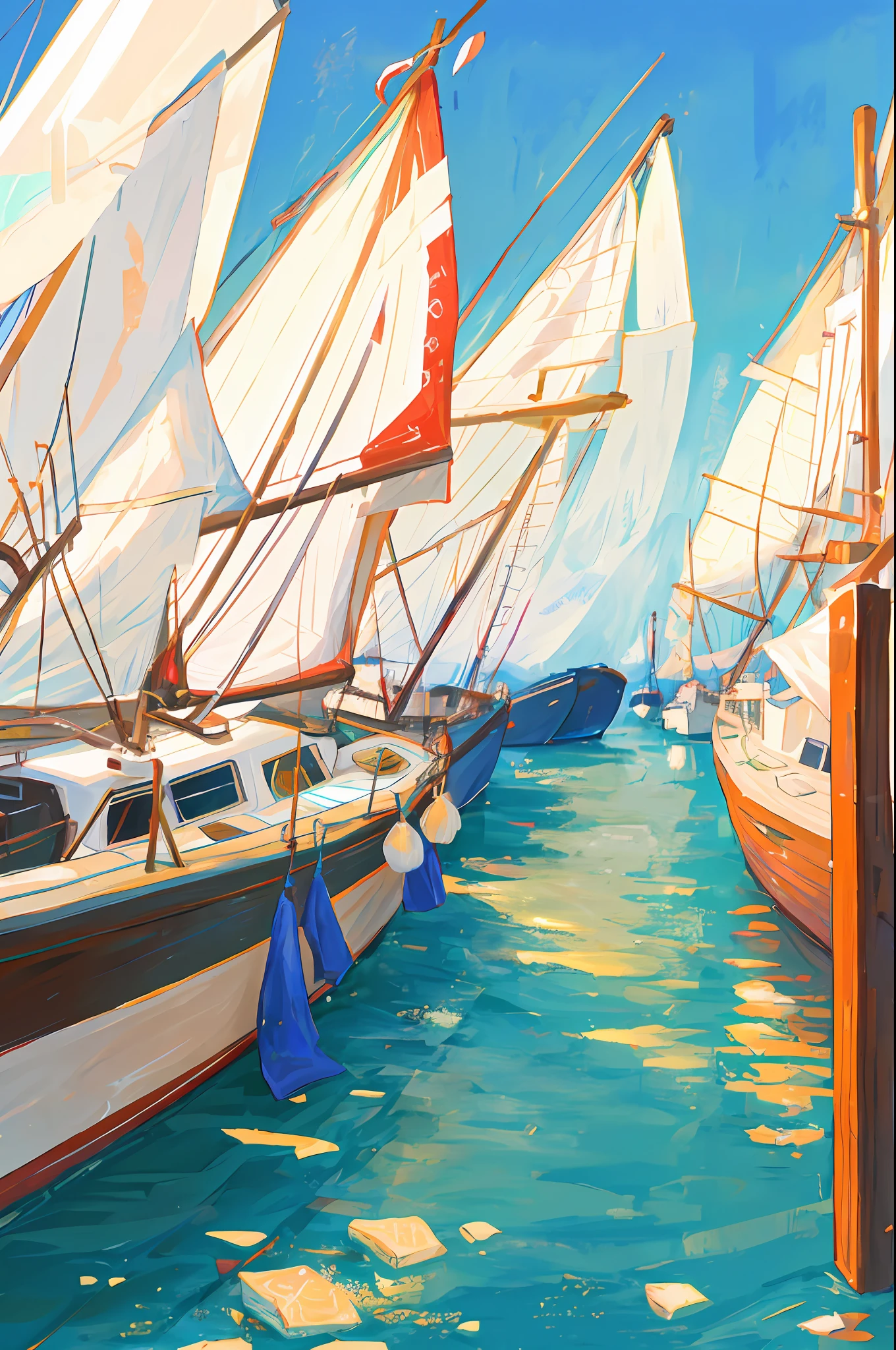 Masterpiece, best quality, pastel, minimalism, warm colors, natural, linen, organic, wallpaper, white pot with succulent in a market, ghibli style, view from the side, low details, few objects, next to the sea, port, boats, sailing ship