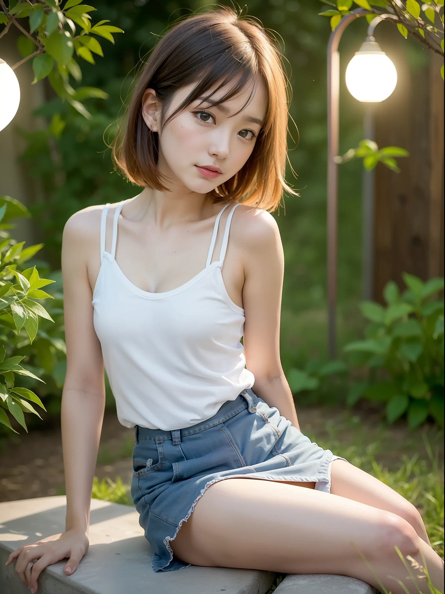 ((Best Quality, 8K, Masterpiece: 1.3, Raw Photo)), Sharp Focus: 1.2, (1 aespa Girl: 1.2), (Realistic, Photorealistic: 1.37), (Face Focus: 1.1), Cute Face, Tenderness, Small Breasts, Flat Breasts, Short Messy Hair, Beautiful Woman Sitting in Garden, White camisole, skirt, night light, Movie Lighting