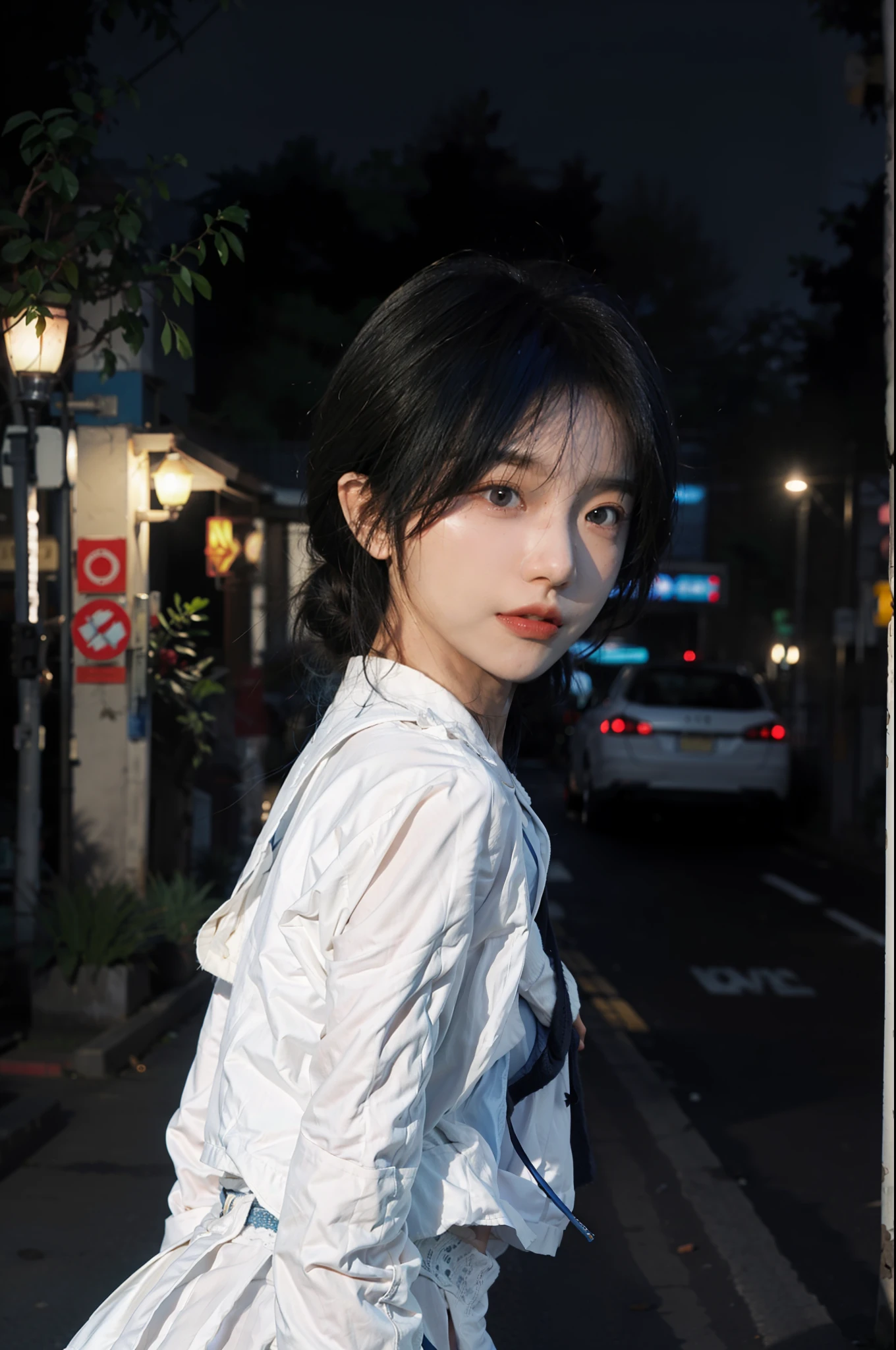 Original photo, clear focus: 1.2, 1girl, beauty in perfect shape: 1.4, ((blue hair)), (white miniskirt), (outdoors, night: 1.1), super fine face, double eyelids, black silk, delicate eyes