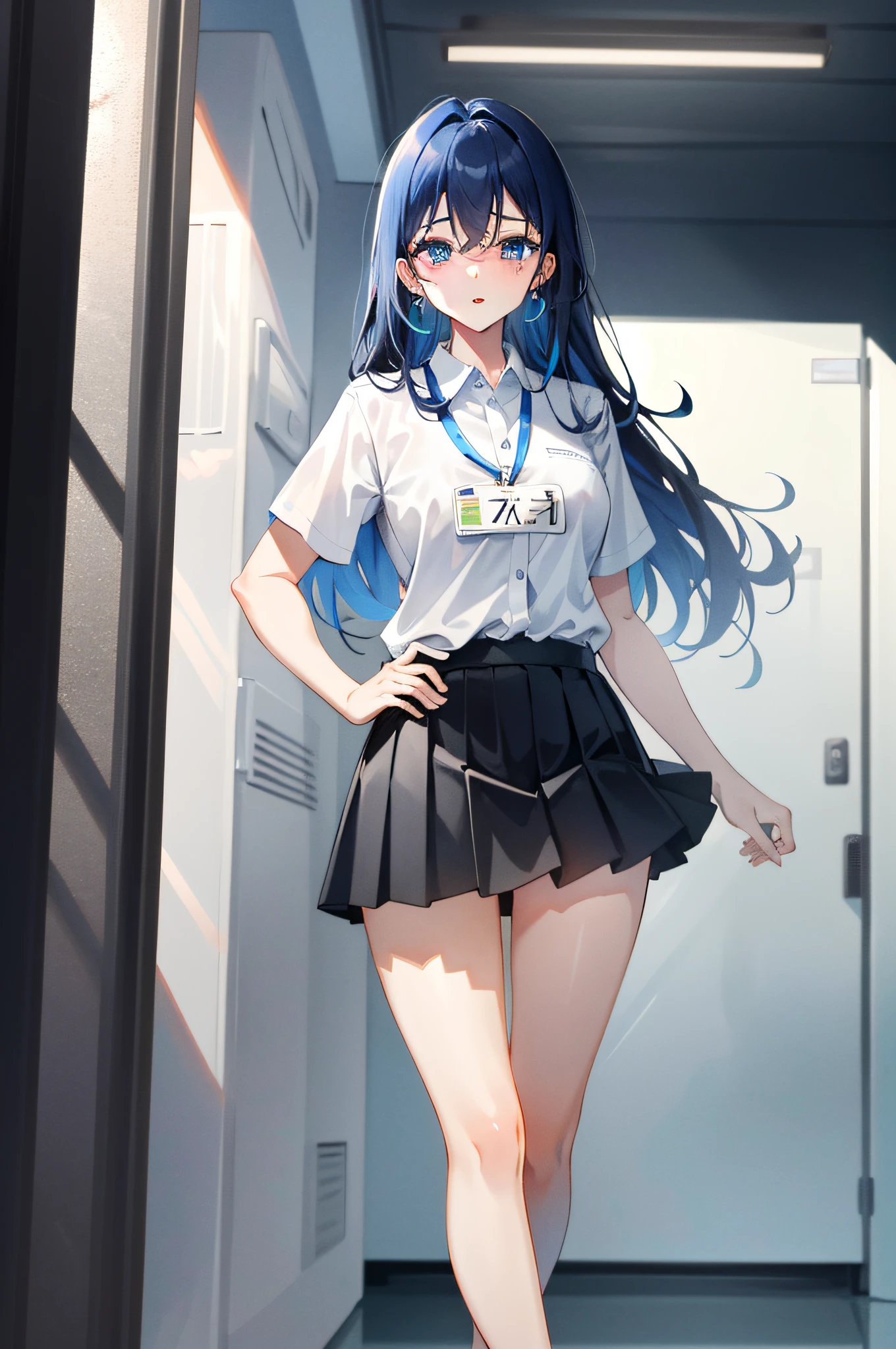 7th March, 7th_march, trumpet star track, 1 girl, solo, ((white shirt)), black thighs, breasts, uniform, street background, black skirt, pleated skirt, mall , hair between the eyes, blue earrings,room, long hair, looking at the audience, blue eyes, solo, thighs, thighs, (((masterpiece)), standing, by the elevator, name tag, ID tag, indoor, blushing, extremely seductive expression, sexy pose, hands behind your back,