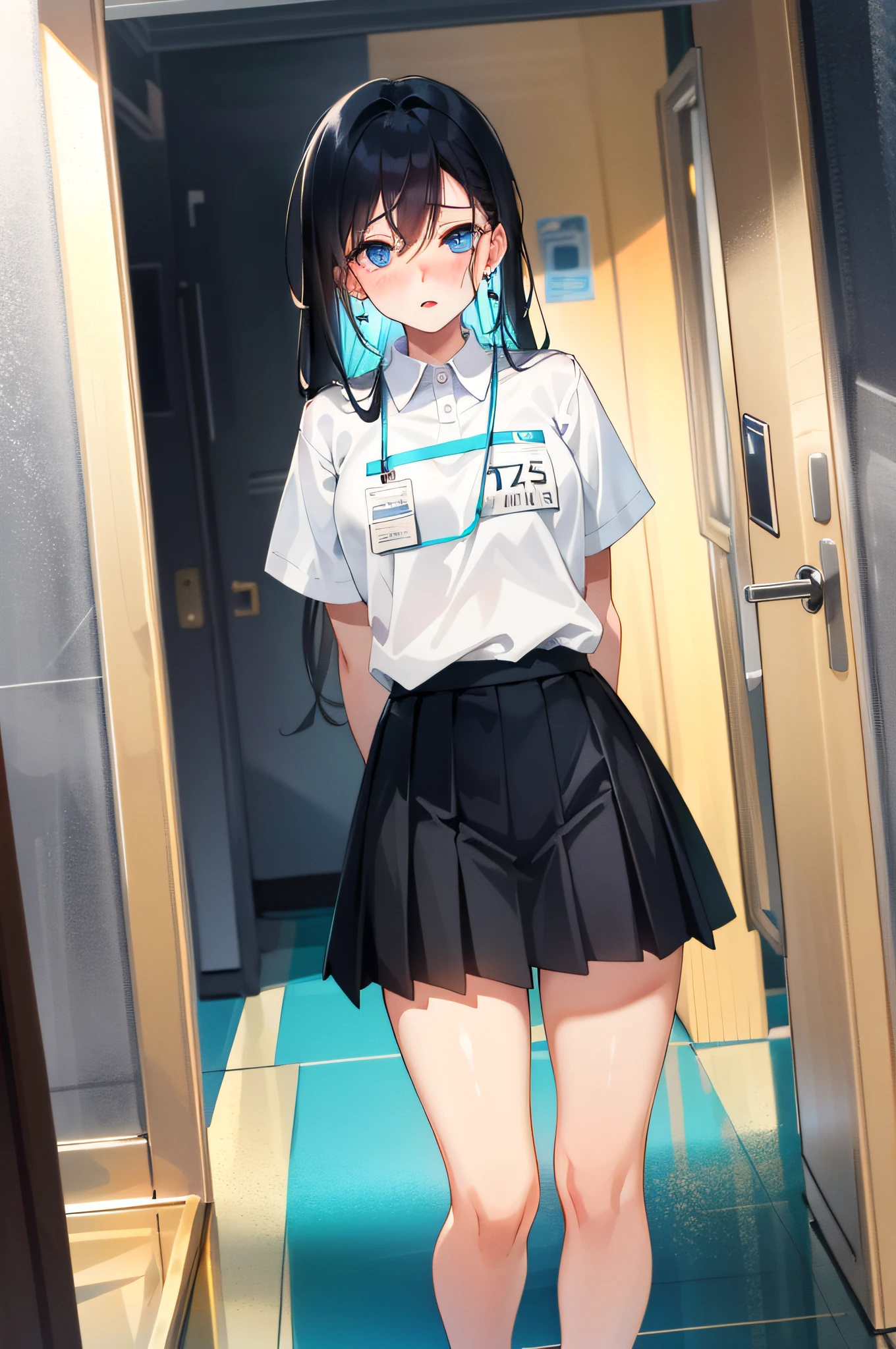 7th March, 7th_march, trumpet star track, 1 girl, solo, ((white shirt)), black thighs, breasts, uniform, street background, black skirt, pleated skirt, mall , hair between the eyes, blue earrings,room, long hair, looking at the audience, blue eyes, solo, thighs, thighs, (((masterpiece)), standing, by the elevator, name tag, ID tag, indoor, blushing, extremely seductive expression, sexy pose, hands behind your back,