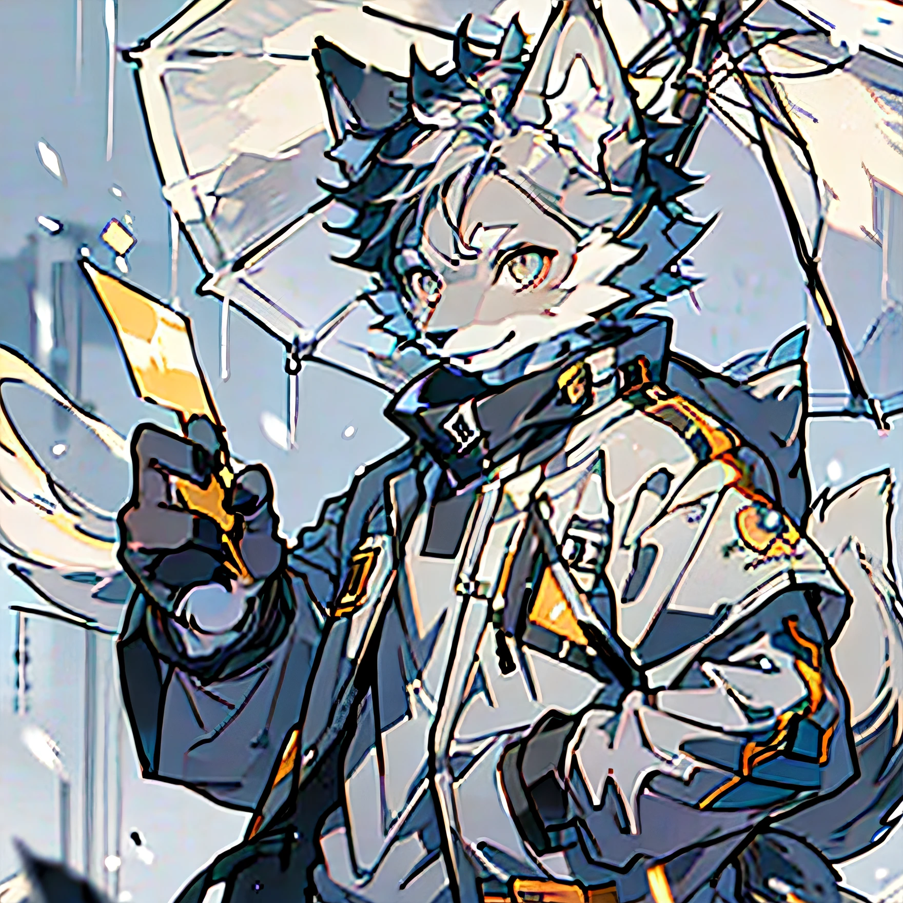 Best Quality), (Masterpiece), ((Solo Person), (Ultra Detailed), (Furry), Furry, (Male Snow Wolf: 1.5), (Light Gray Skin: 1.1), (Fluffy Tail: 1.3), (Golden Gray Eyes), (Wolf's Paws), (Light Gray Ears), Sharp Focus, (Furry Feeling of Animal Ears), Late Night, Researcher Clothes, Researcher Costume, Standing in the Rain, Detailed Background