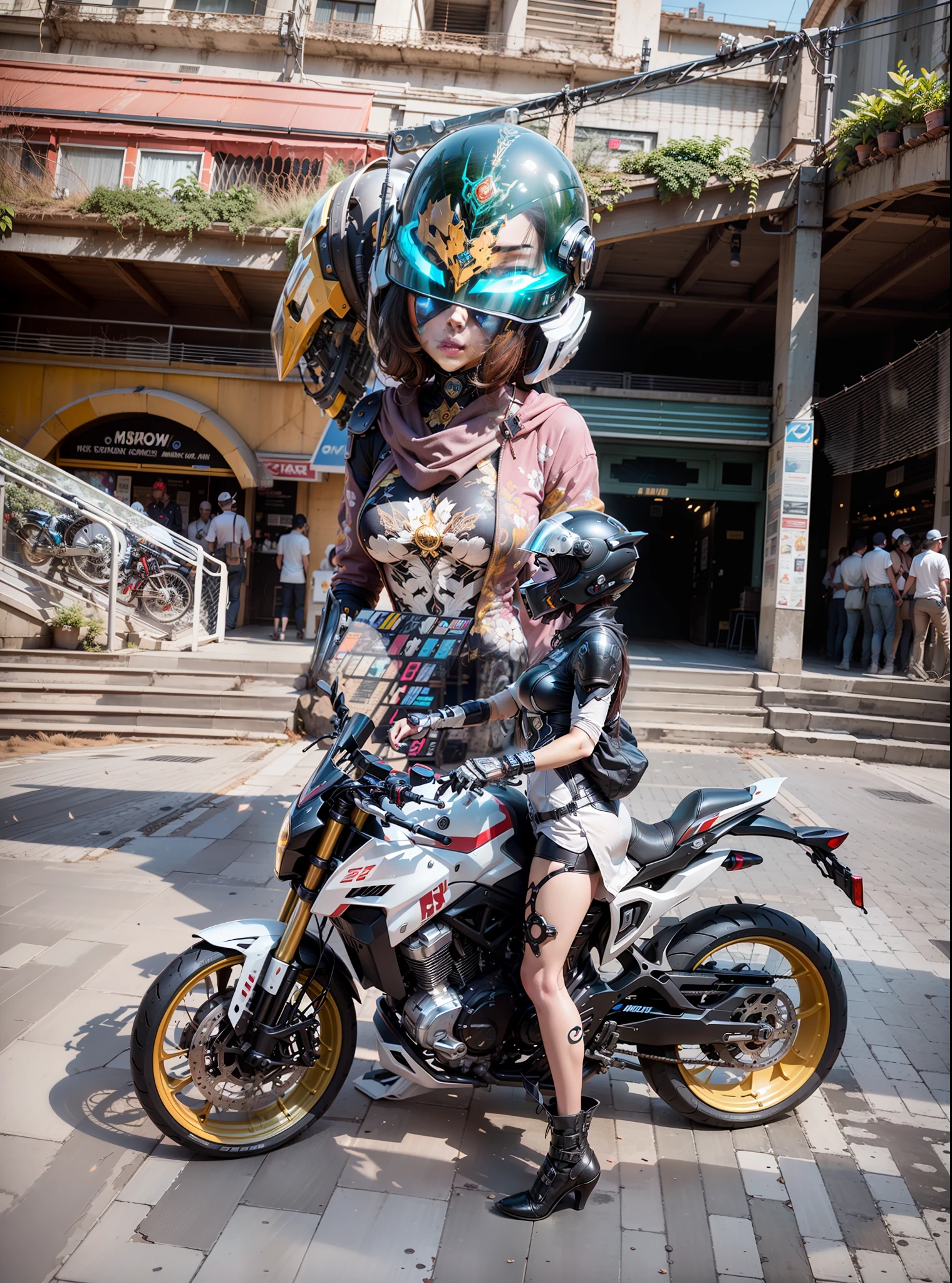 y Cyber Female Warrior and Cyber Mechanical Motorcycle, Full Body Exquisite High-Tech Armor, Exquisite Black Tech Helmet, Nousr, Biomechanics, MSHN Robot Man, High-Tech Helmet, Surreal, Steel, Intricate Design, Crazy Details, Fine Details, Extremely Clear Lines, Cinematic Lighting, Photo Realistic, Detailed Masterpiece