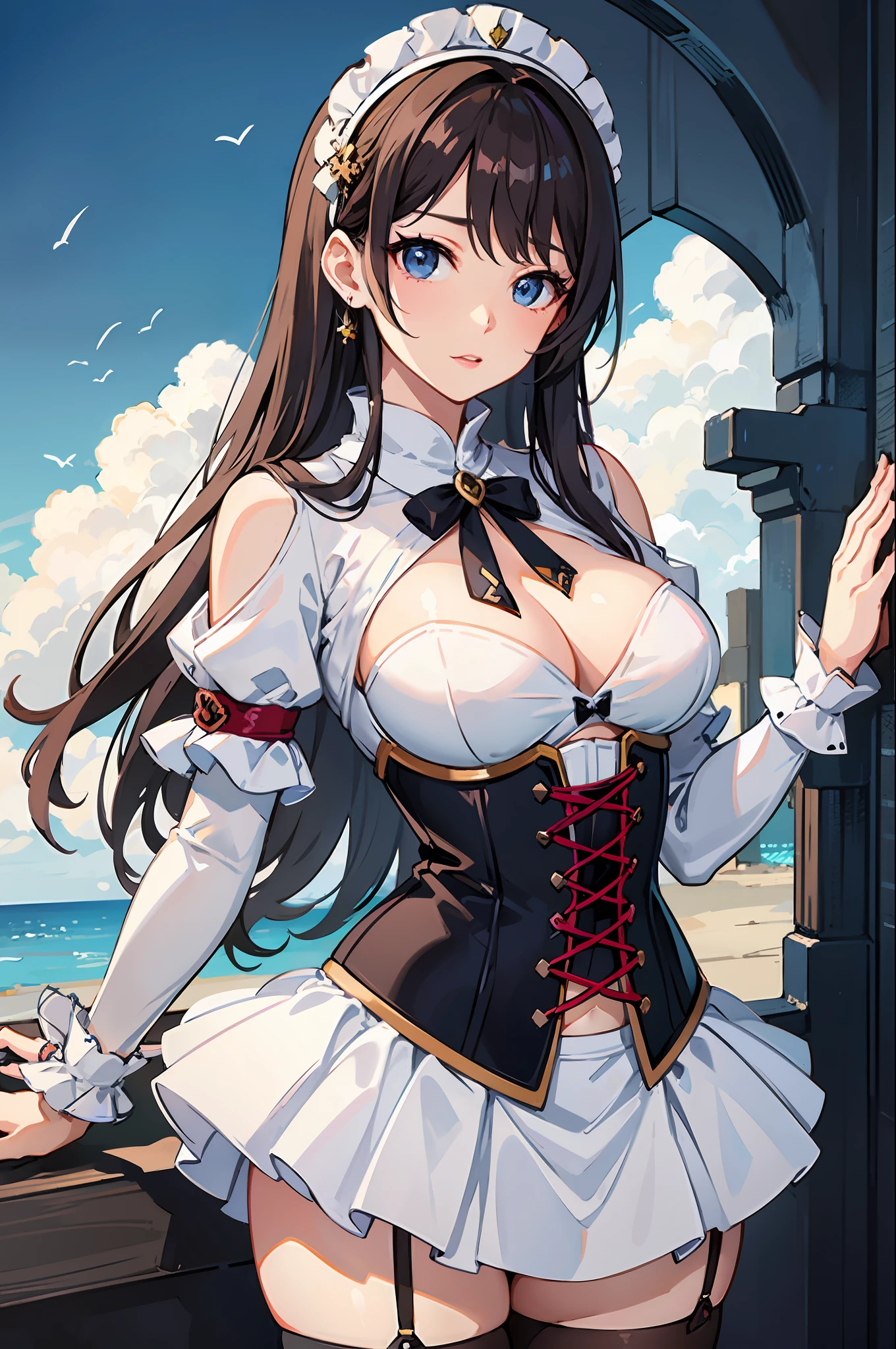 araffed asian woman in a corset and stockings posing for a picture, anime girl cosplay, anime cosplay, cosplay, elegant glamourous cosplay, cosplayer, sexy dress, high quality costume, professional cosplay, seductive anime girl, ayaka cosplay, fantasy outfit, cosplay photo, very tight corset, smooth white tight clothes suit, white skirt and barechest, publicity cosplay