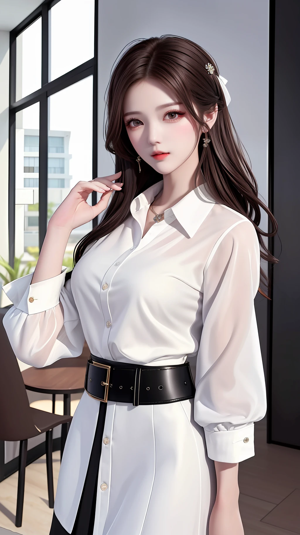 (Best quality, High resolution, Masterpiece :1.3), A tall and pretty woman, Slender abs, Dark brown hair styled in loose waves, Breasts, Wearing pendant, White button up shirt, Belt, Black skirt, (Modern architecture in background), Details exquisitely rendered in the face and skin texture, Detailed eyes, Double eyelid