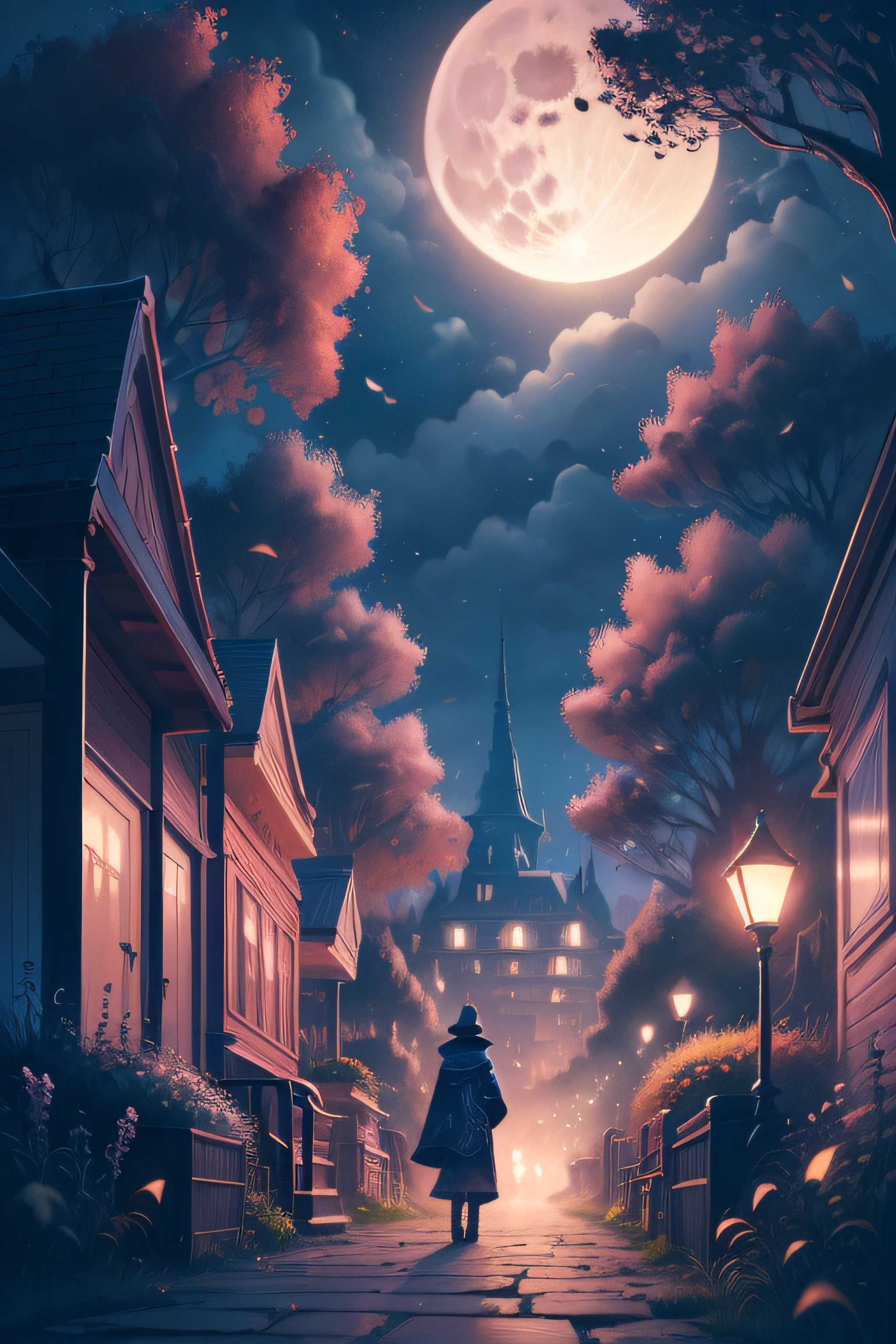 drawing a full moon growing in a field with purple trees and flowers, jen bartel, concept art | rhads, quiet night. digital illustration, inspired by RHADS, by RHADS, background artwork, rhads and lois van baarle, inspired by Jakub Schikaneder, big moon landscape, middle man looking at the moon, rhads!, painting Detailed digital art background