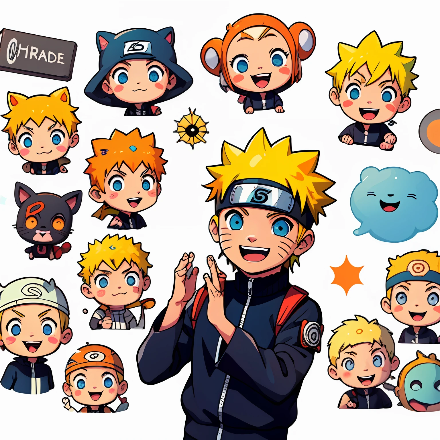 1 sticker, hand account, (sticker, a boy, Naruto Uzumaki, Q version, laughter, cheerful), white background, simple background, pastel color, vector style, no gradient,