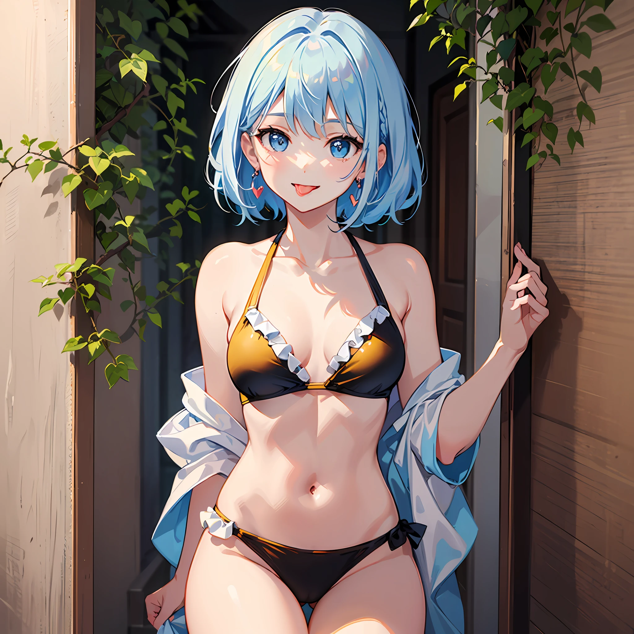 (((Masterpiece)))), ((Best Quality))), Hi-Res, On Thighs, Standing, Sitting, (Cute One Girl))), Solo, White Skin, Small, Eight-headed, (Light Blue Hair), ((Short Hair)), (Straight Bangs)), Beautiful Hair, Blue Eyes, Beautiful Eyes in Detail, (((Tongue)), Red Face, Smile, Heart, Bikini, Yellow Swimsuit, Ruffles, Earrings, White Room, Shadow Lighting、