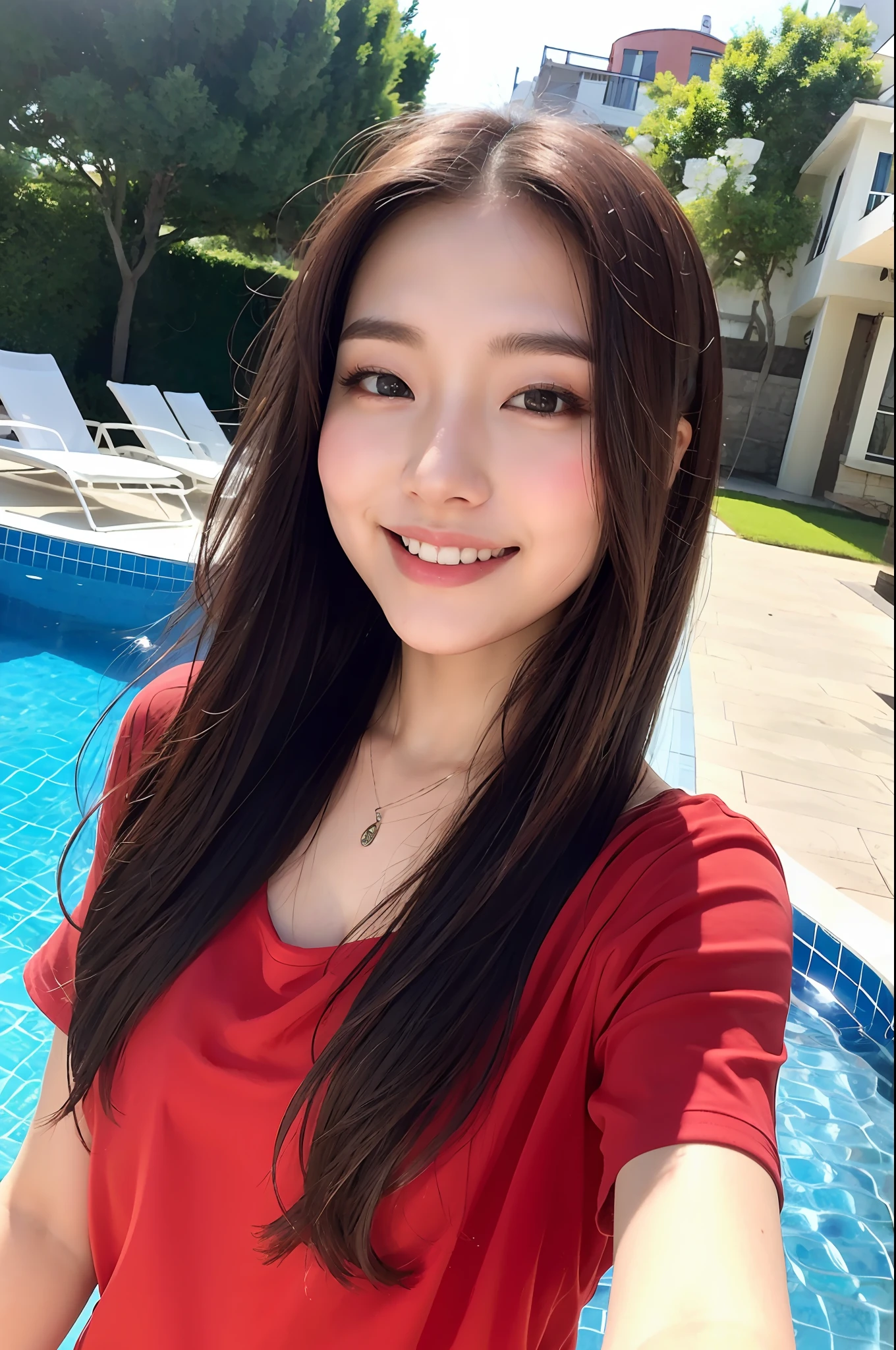 (8K, Best Quality, Masterpiece: 1.2), (Realistic, Photorealistic: 1.37), Super Detail, 1 Girl, 18 years old, Big, Beauty, Cute, Smile, Solo, Holiday Clothes, Pretty Legs, (Nose Red), (Smile: 1.15), (Mouth Closed), Beautiful Eyes, (Long Hair: 1.2), Floating Hair Novafrog style, upper body
