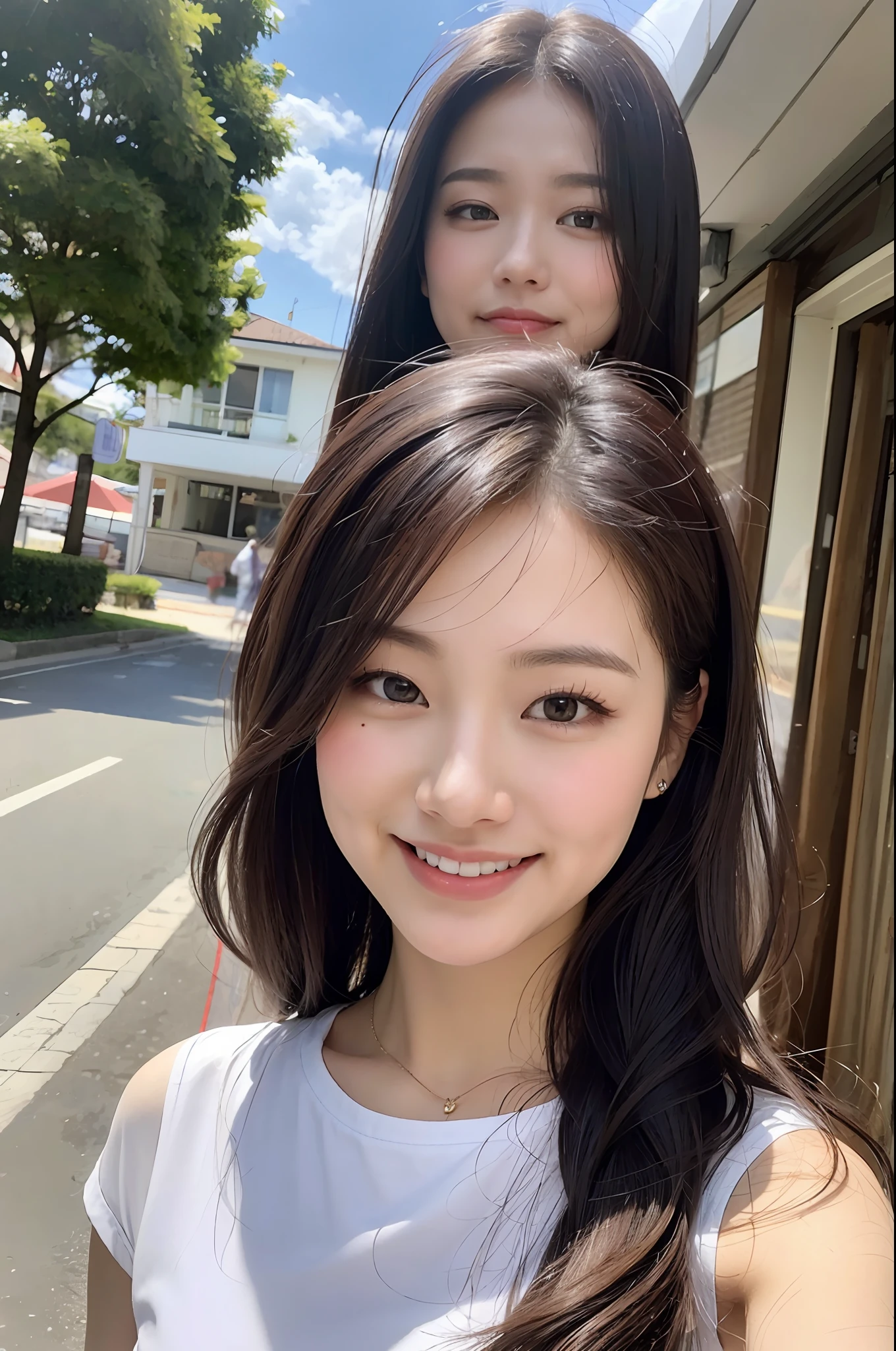 (8K, Best Quality, Masterpiece: 1.2), (Realistic, Photorealistic: 1.37), Super Detail, 1 Girl, 18 years old, Big, Beauty, Cute, Smile, Solo, Holiday Clothes, Pretty Legs, (Nose Red), (Smile: 1.15), (Mouth Closed), Beautiful Eyes, (Long Hair: 1.2), Floating Hair Novafrog style, upper body