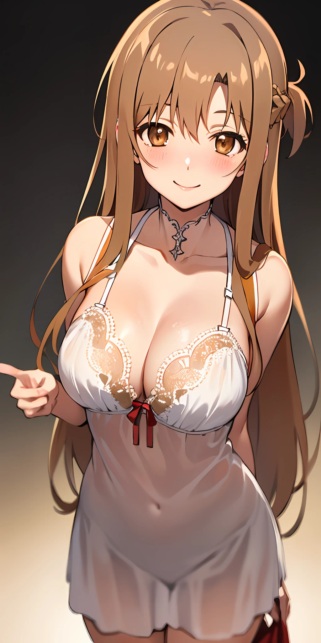 (Best quality:1.3), asuna yuuki, long hair, brown hair, (brown eyes:2), large breasts, lingerie, standing, smiling, (blushing:1.3, pov)