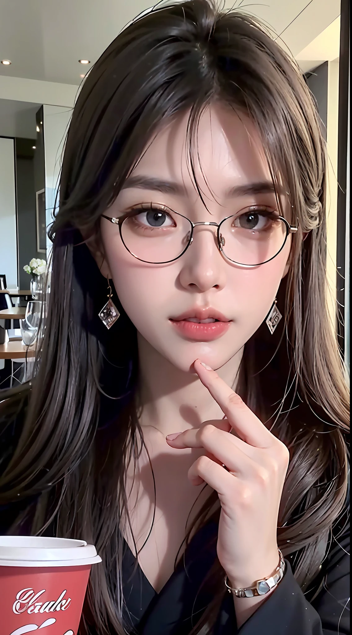 A stylish Chinese beauty, she wears a well-tailored suit, paired with a pair of slim heels, showing elegance and confidence, in a café, drinking coffee, eyes staring at the camera, coffee cup in hand, kanzashi, rim glasses, long eyelashes, amber eyes, crystal earrings, parted lips, hair pulled back, hair strands, hyper-realistic, close-up, f/4.0, 35mm, textured skin, uhd, uhd, uhd, retina, masterpiece, high resolution, best quality, 8k