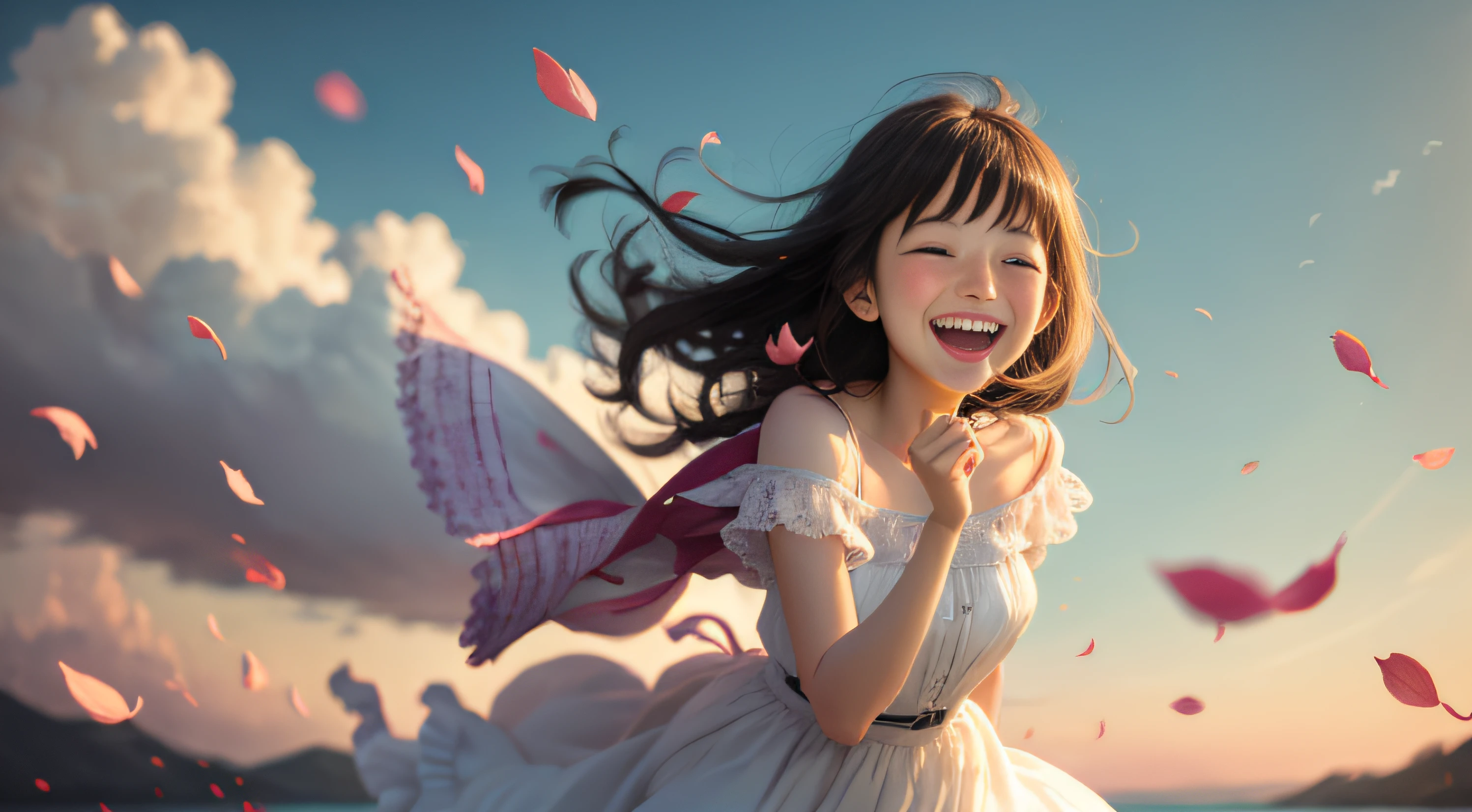 The girl laughs happily, the petals fly, the breeze is soft, the weather is clear, and the face is delicate