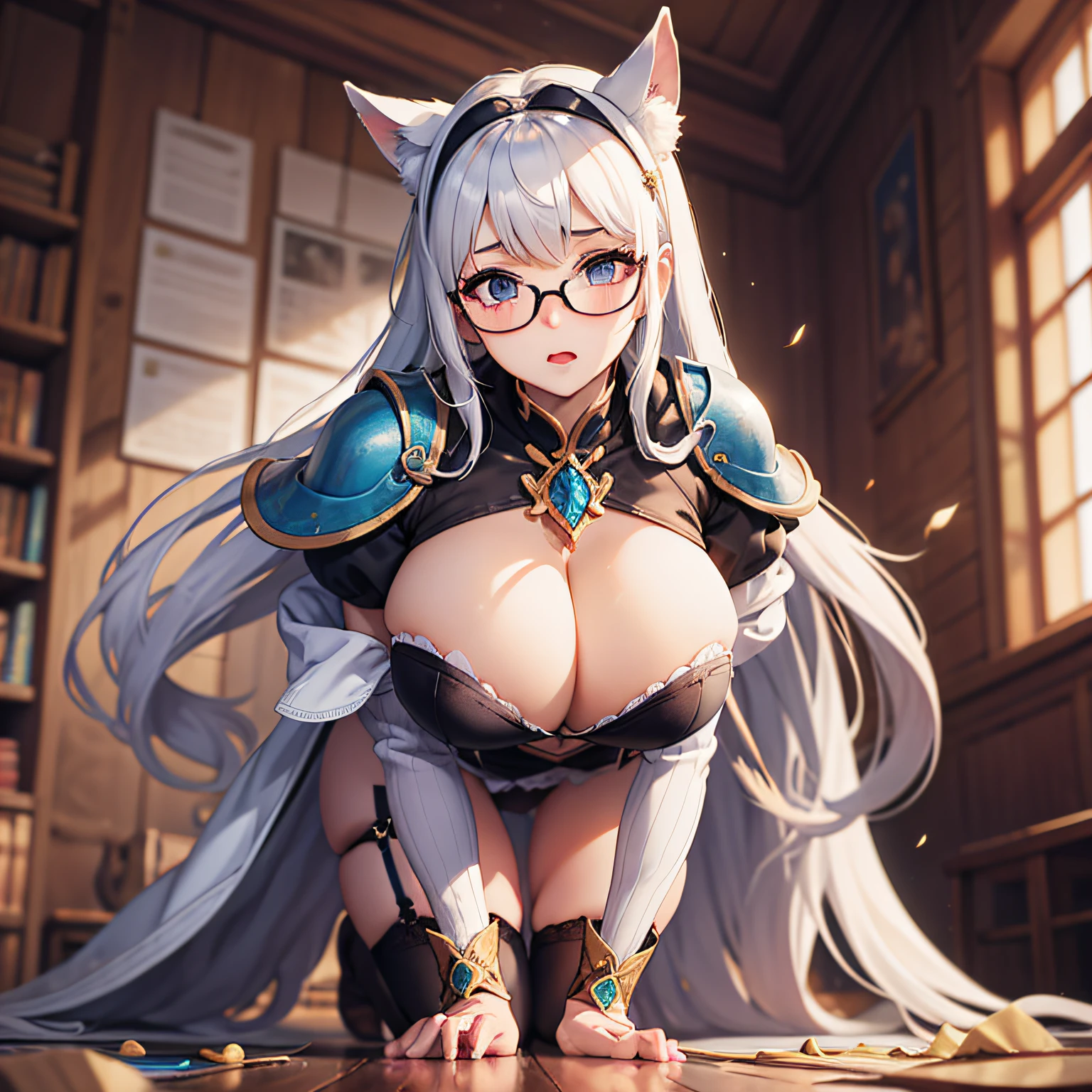 Girl. A world of swords and sorcery. Wizard. White underwear. Wearing glasses. Miniskirt. All fours. Opening the crotch. Garter. Big tits. Thick thighs. Looking up.