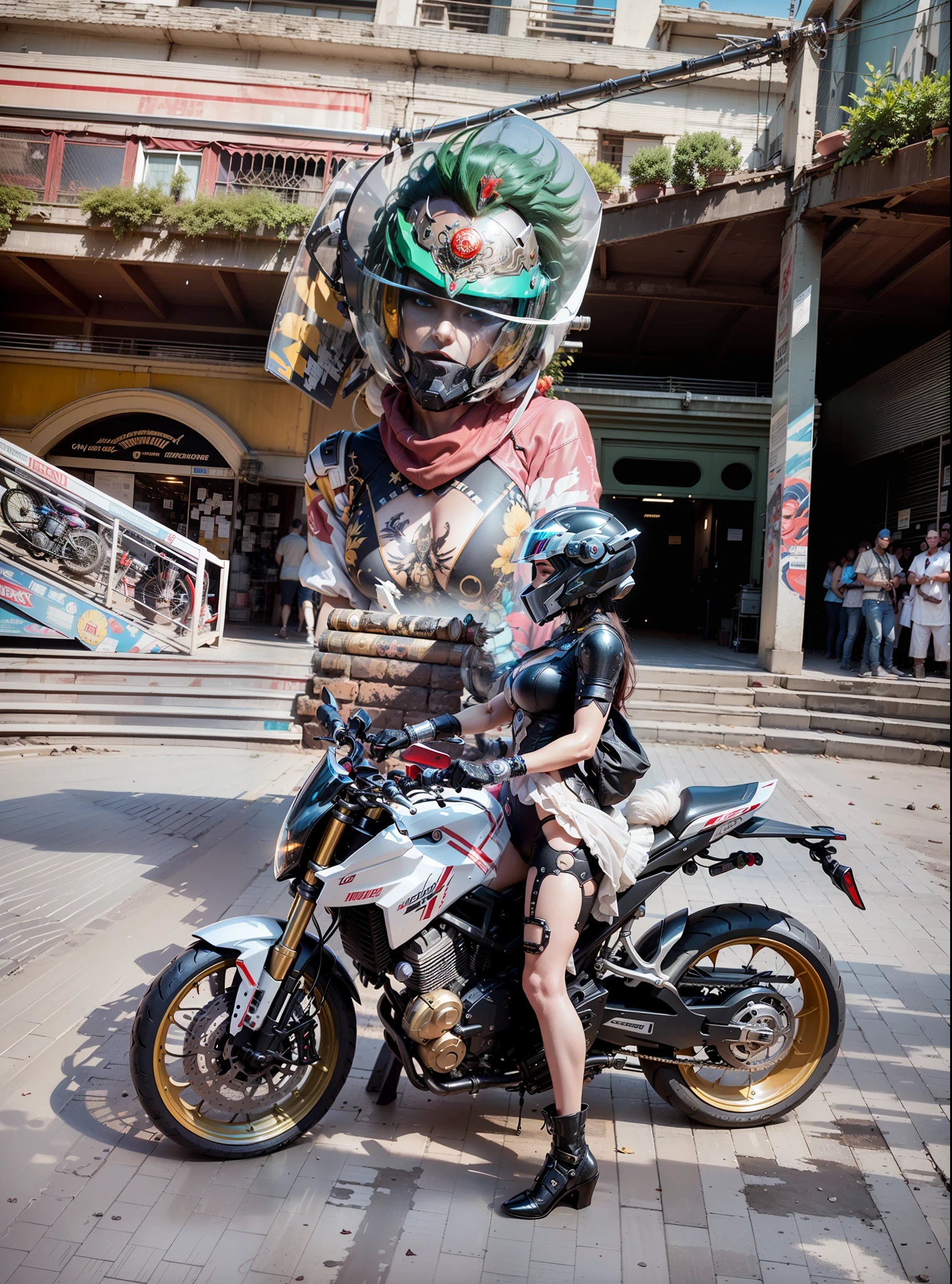Sexy Cyber Female Warrior and Cyber Mechanical Motorcycle, Full Body Exquisite High-Tech Armor, Exquisite Black Tech Helmet, Nousr, Biomechanics, MSHN Robot Man, High-Tech Helmet, Surreal, Steel, Intricate Design, Crazy Details, Fine Details, Extremely Clear Lines, Cinematic Lighting, Photo Realistic, Detailed Masterpiece