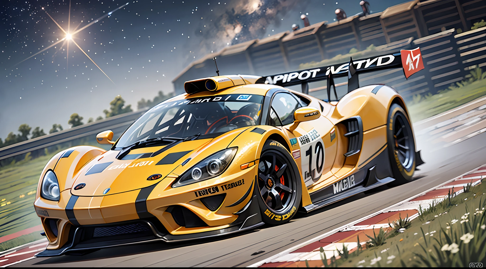 a sports car race, through the milky way, with alien spectators, digital art