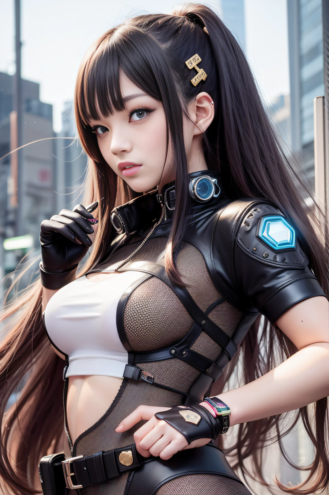 Long-haired beauty, just like Mio Imada, cyberpunk uniform, wide chest, sexy, show me your ID card.
