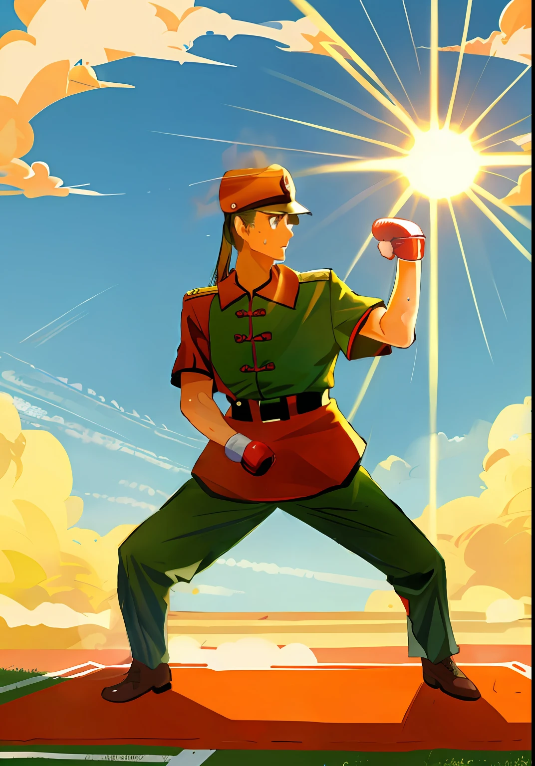 Wearing uniform, combat posture, combat posture, warrior posture, military training scorching sun sweating two-dimensional college student playground camouflage uniform China positive sunshine, military body boxing