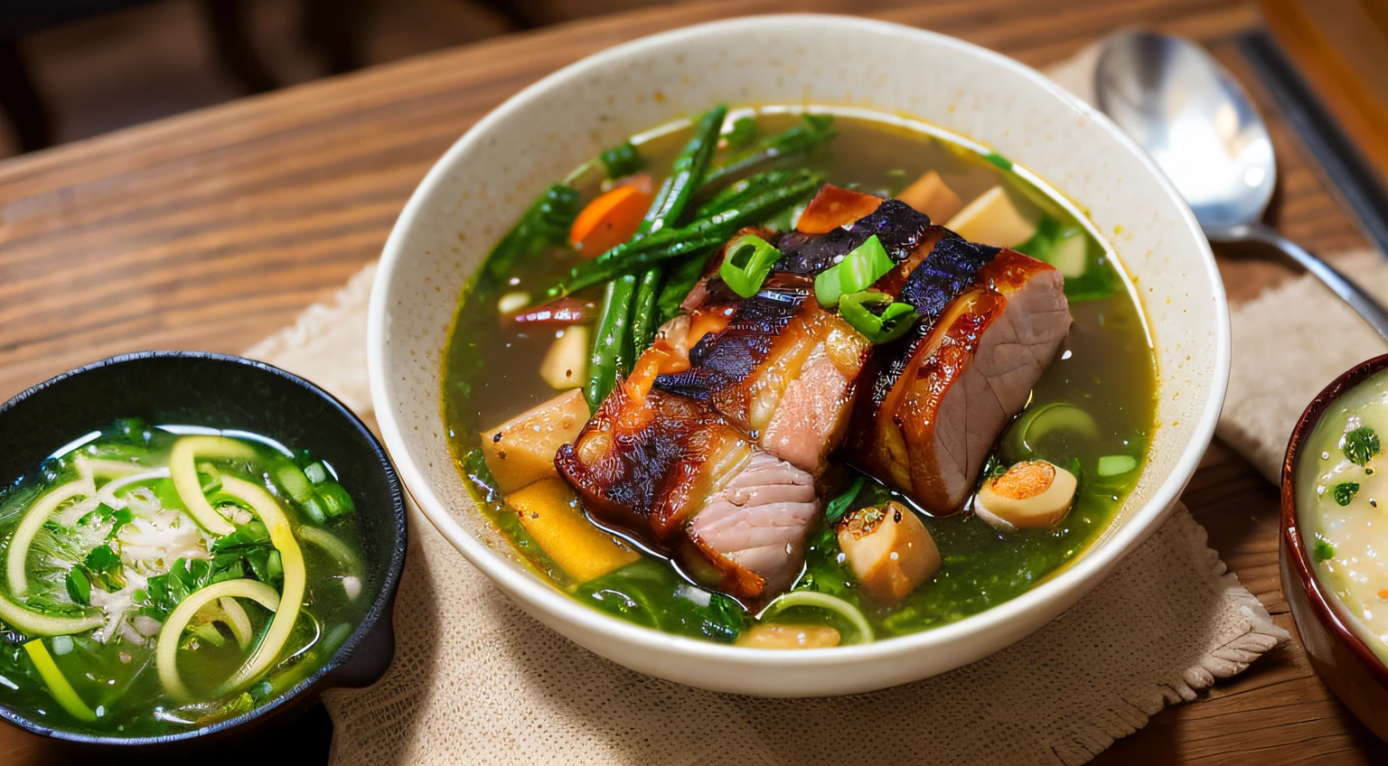 A shiny red piece of pork belly, tender, fat and lean, with a caramel rind, and possibly some green onion and ginger slices on top. You can focus on the texture of the meat and the luster of the fat, as well as the color of the soup. At the same time, some decorative elements, such as lotus pieces or other vegetables as embellishments, can be added to add visual effects to the whole painting.