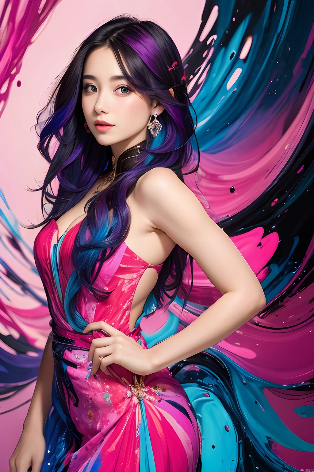Beautiful face, beautiful eyes, colorful color hair, long hair, colorful color dress
