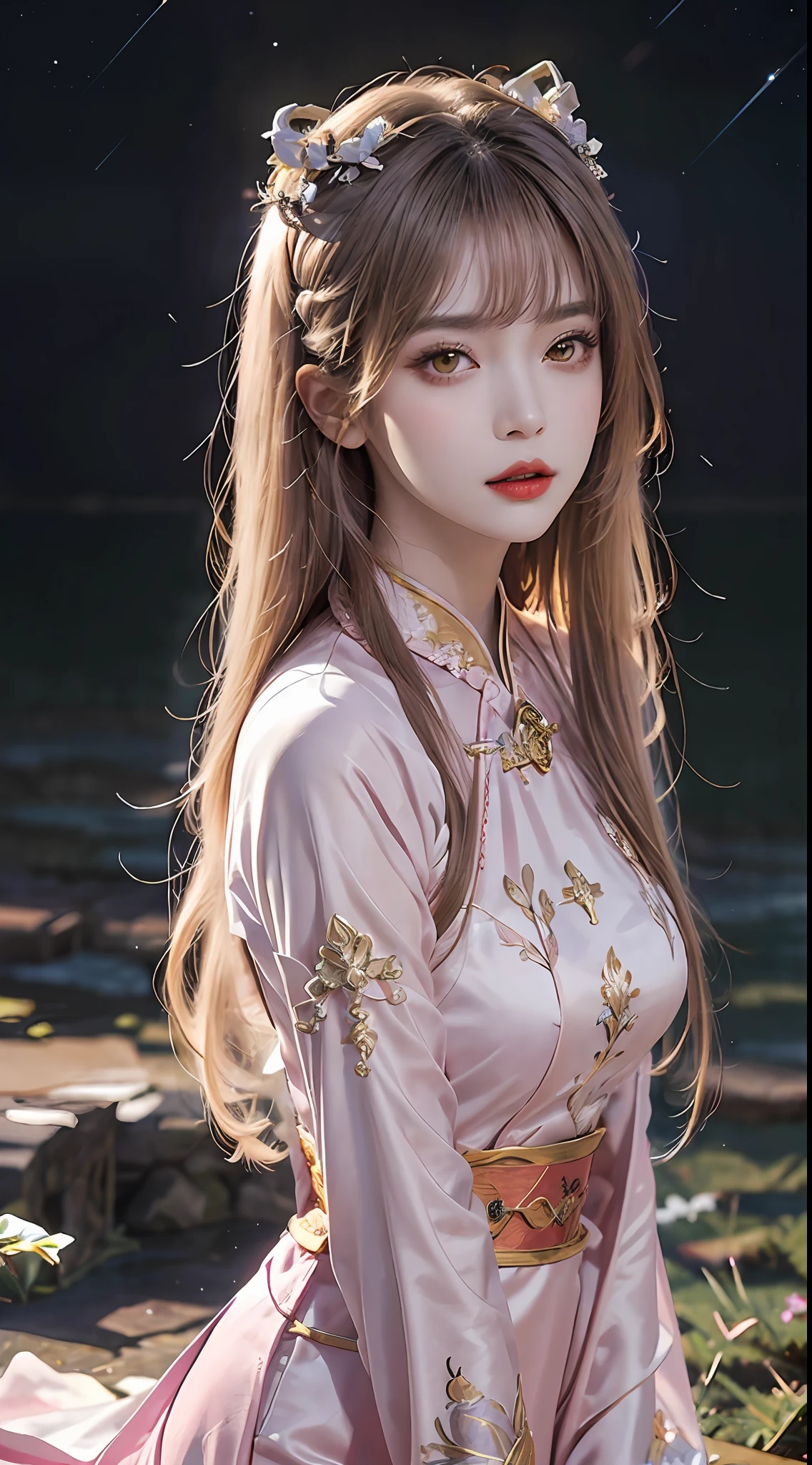 1 27-year-old girl, 1 zodiac goddess from the future, goddess of the pink and purple 12 zodiacs, the goddess of the zodiac in a yellow ao dai, a 12 zodiac ao dai with many black lace detail, mythology Goddess of the 12 zodiacs from the future, zodiac ♏, luxurious glittering zodiac style, dark and mysterious version, zodiac crown, lipstick lips red, thin and beautiful lips, Smile makes viewers fall in love, characters made by karol bak and pino daeni, intricate detail, detailed background, extremely detailed, light magic, a woman, clear face, look at the face of goddess zodialook at the zodiac goddess face, hair long with bangs, beautiful face in detail and well-proportioned eyes, (transparent yellow eyes: 1.8), big round eyes and very beautiful and detailed makeup, foresight, silk dress, mysterious makeup, double bangs and dyed light blonde, uper body, zodiac goddess uper body, arms hanging loosely, Realistic and vivid photo, (stars make up the zodiac: 1.7), (sky background zodiac and fictitious space and time portal: 1.8), fiction art, RAW photo, hanfu picture, best photo, best photo quality, 8k quality, 8k ultra, super realistic, real photo most economical, artistic portrait of goddess zodiac,