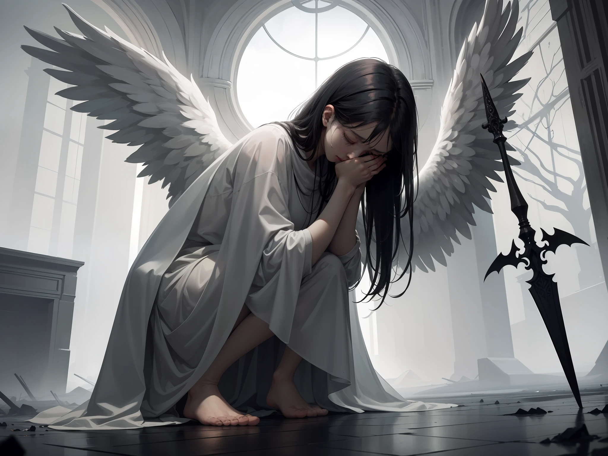 Full body portrait of a lonely angel, dressed in a white cloak, surrounded by darkness and oppression. The angel's face was partially obscured, taking on a gloomy silhouette, and his hair was messy and dirty. A faint halo hovered above the angel's head, casting a dim glow in the gloom. The wings of angels, once radiant, now appear tattered. The angel holds a broken sword in his hand, symbolizing a lost battle or broken hope. The scene was filled with an eerie silence, as if time was frozen in silence. The presence of angels seems ethereal and ghostly, as if disappearing into the fog of despair. The overall composition evokes a melancholy, isolation and burden of a fallen soul. closed eyes, tear, foot, hand, cover face crying, blood