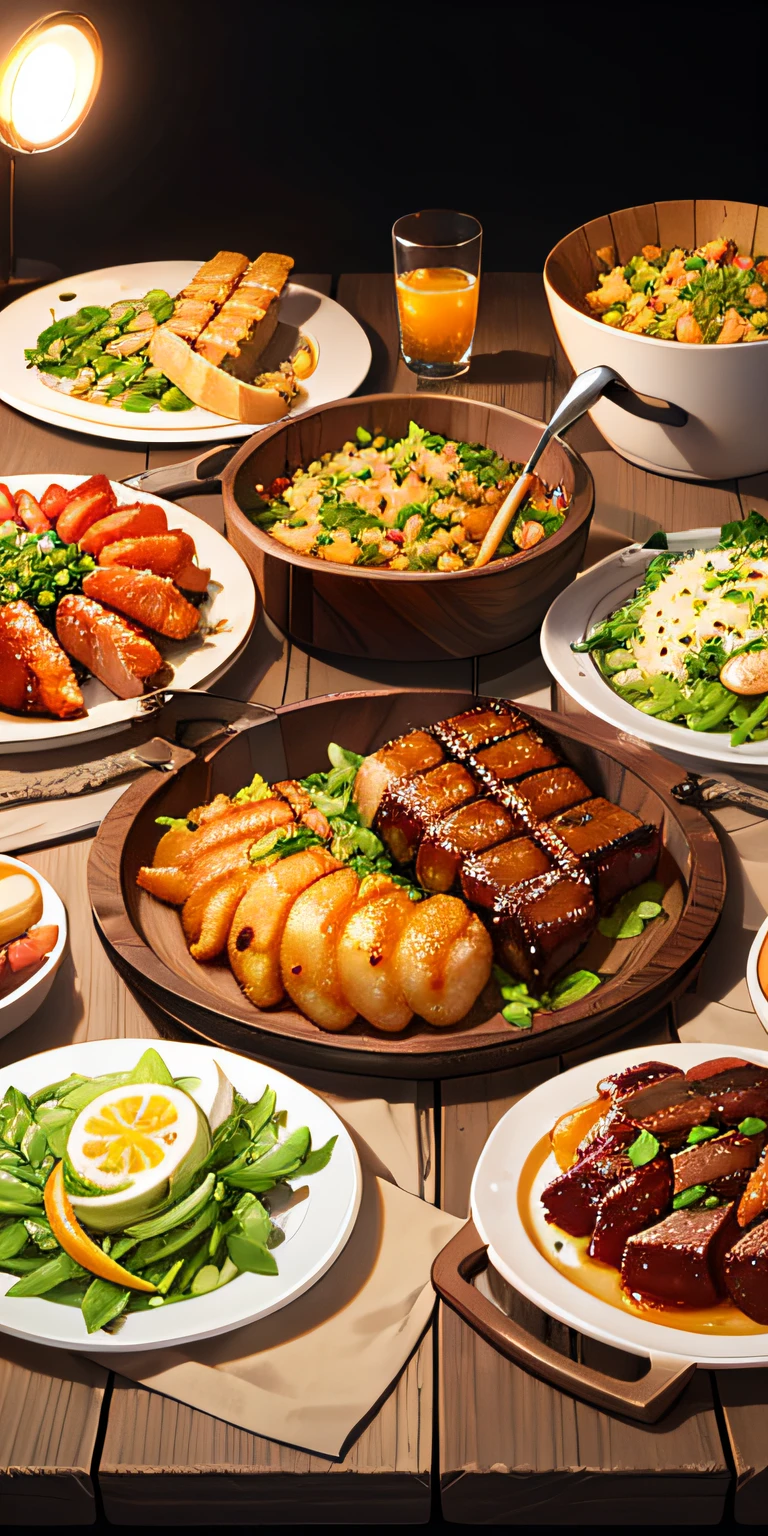 A delicious and juicy fried barbecue, food photography, gourmet, steam, top-down view, wooden table with natural décor and fabrics, decorations on the table, intricate details, 8k resolution, studio lighting, Michelin art kitchen style beautiful photos