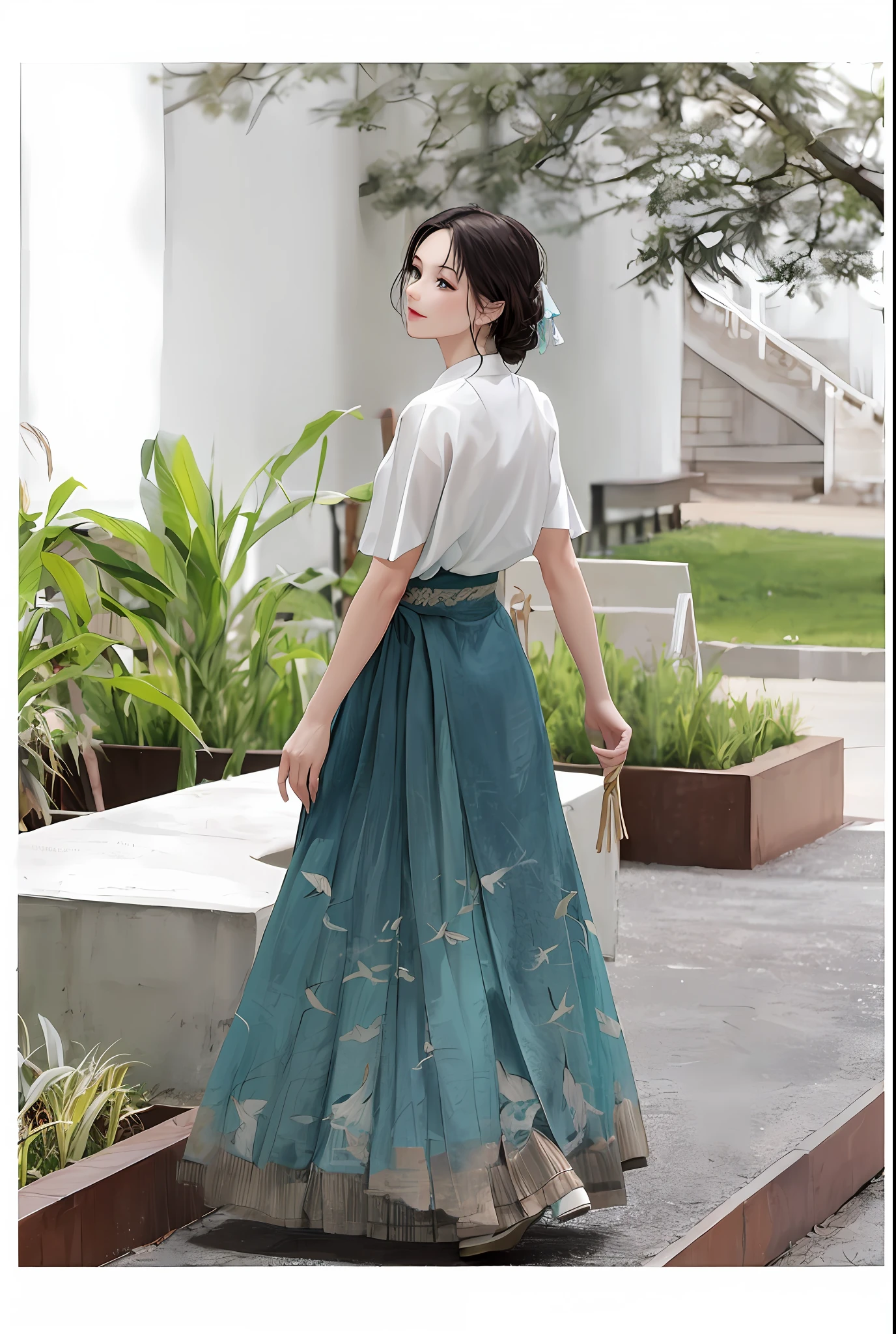 a woman in a long skirt standing on a sidewalk, long skirt, hanfu, dressed in long fluent skirt, with a thin waist, flowing blue skirt, white shirt and green skirt, white and teal garment, teal skirt, white hanfu, wide skirts, chinese style, 2 0 2 0 fashion, skirt, traditional chinese clothing, long dress female, flowy