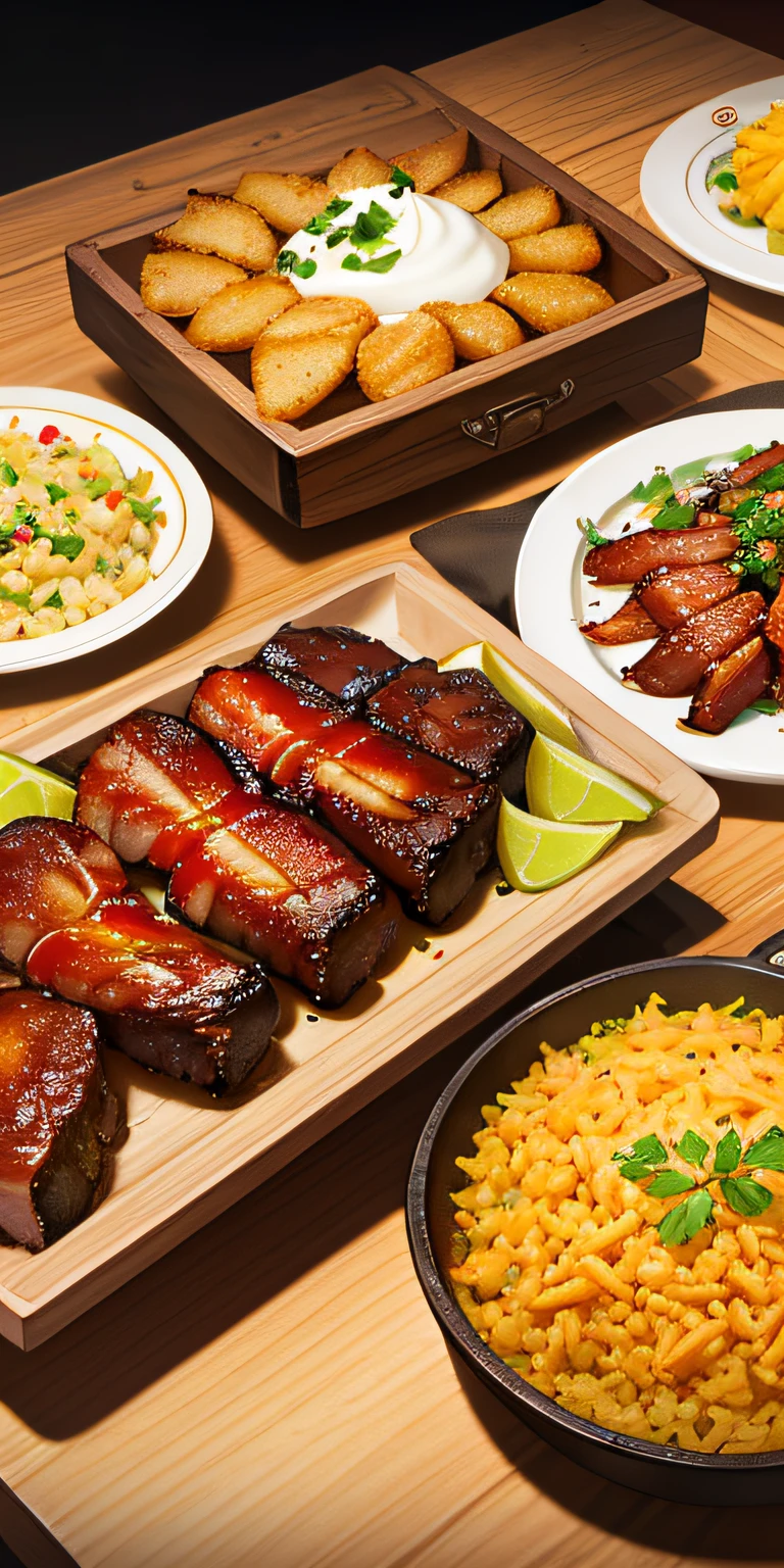 A delicious and juicy fried barbecue, food photography, gourmet, steam, top-down view, wooden table with natural décor and fabrics, decorations on the table, intricate details, 8k resolution, studio lighting, Michelin art kitchen style beautiful photos