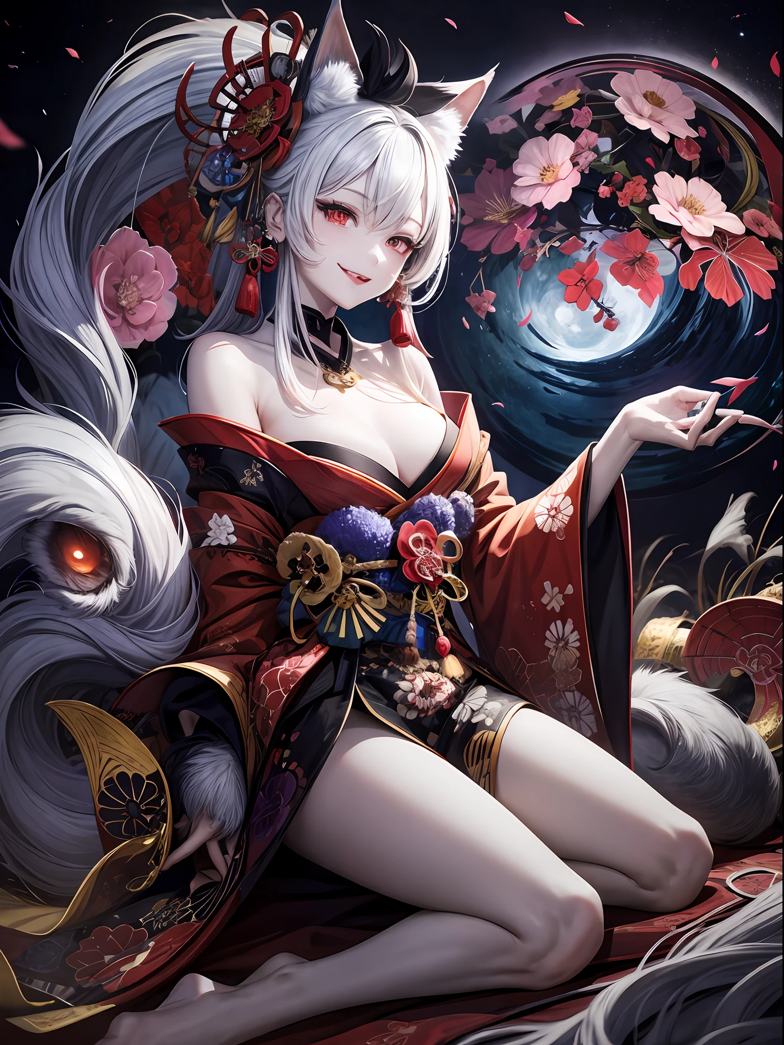 Masterpieces: 1.7, Top Quality, Very Beautiful, Delicate Coloring, Art, Colorful, Dark, Real, Female, Full Body, Nine-Tailed Tail, Bewitching, Silver Hair, Red Sharp Glowing Eyes, Lightless Eyes, Scary Eyes, Long Claws, Sticking Out Tongue, Mad Smile, Fearful Smile, Shadow of Face, White Skin, Oiran Road, Kimono, Kanzashi, Fox, Fang, Crazy, Violence, Moonlight in the Background, Night, Flash