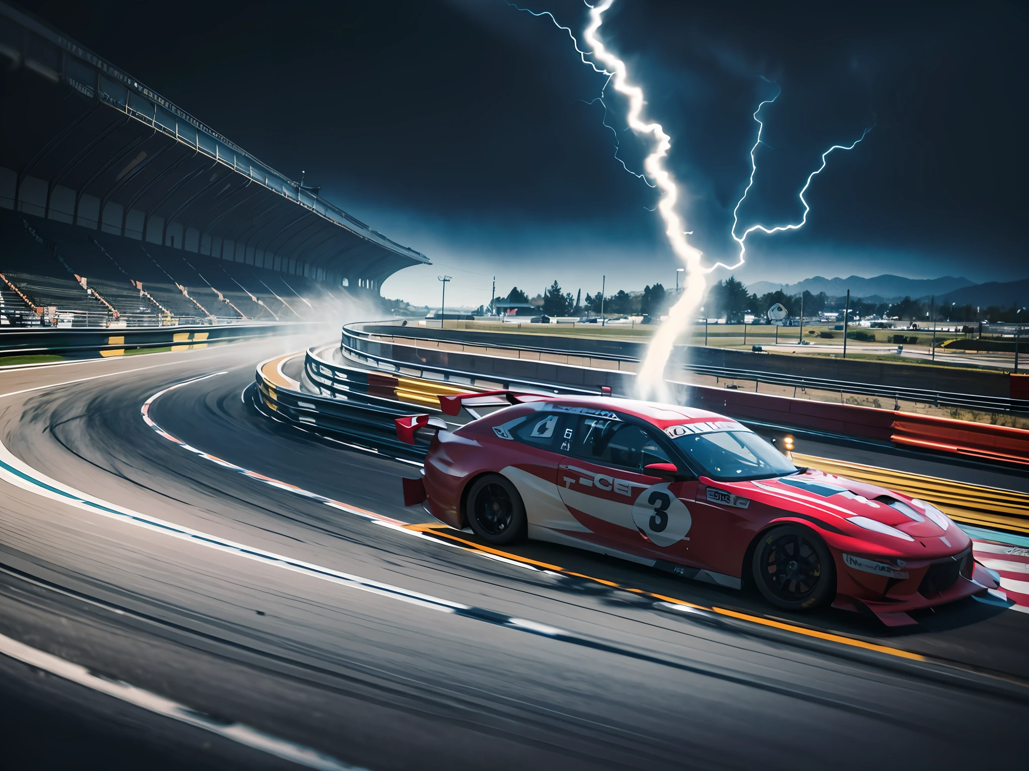 best quality, master piece,Race car, race track, speed, streamlined, winding, ups and downs, perspective, variations in thickness, flow lines, light and shadow, sense of motion, visual focus, outline, minimalism, geometric shapes, imagination,superspeed,lighting, motion blur, electricity,audience,cheer