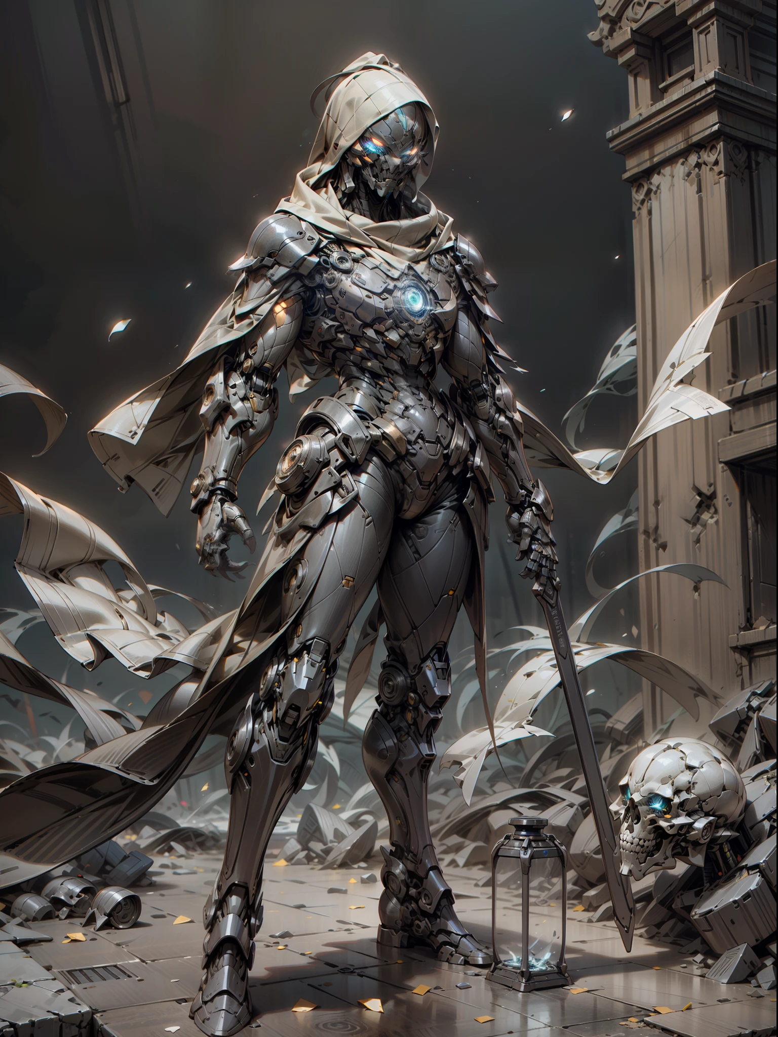 Wizard, ghost hunter who is proficient in chemical and pharmaceutical spells, magic surrounds the whole body, magical spells, complex potion bottles scattered on the ground, skulls fall to the ground, super cool ghost hunter, male, magician, long cloak, with veil, wearing blue mechanical armor, glowing blue eyes, perfect body proportions, full body shot, super detail, IP by pop mart, edge light, avatar, octane rendering, blender, clean black background, 3d, c4d, best quality, very detailed, Ancient Technology, HDR (High Dynamic Range), Ray Tracing, NVIDIA RTX, Super Resolution, Unreal 5, Subsurface Scattering, PBR Texture, Post Processing, Anisotropic Filtering, Depth of Field, Maximum Clarity and Acutance, Multilayer Textures, Albedo and Highlight Maps, Surface Shading, Accurate Simulation of Light-Material Interactions, Perfect Proportions, Octane Rendering, Two-tone Lighting, Low ISO, White Balance, Rule of Thirds, Wide Aperture, 8K RAW, High Efficiency Sub-Pixel, Subpixel Convolution, Glowing Particles, Light scattering, Tyndall effect